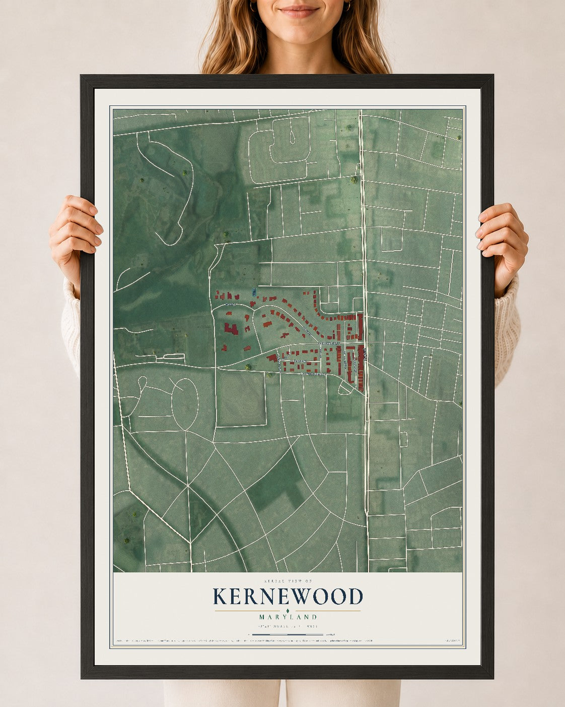 Map of Kernewood, Maryland, 24 x 36 inch print in a black wood frame