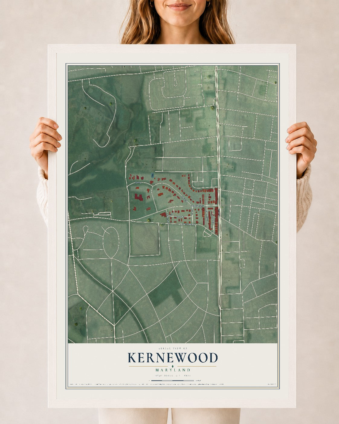 Map of Kernewood, Maryland, 24 x 36 inch print in a white wood frame