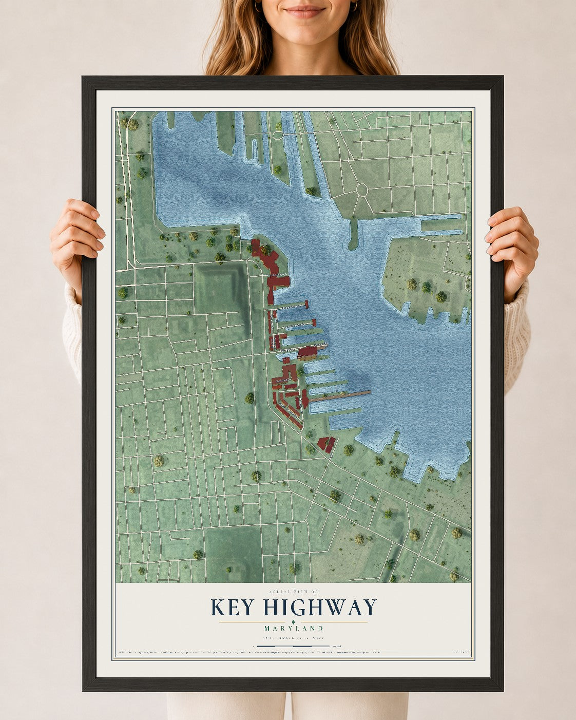 Map of Key Highway, Maryland, 24 x 36 inch print in a black wood frame