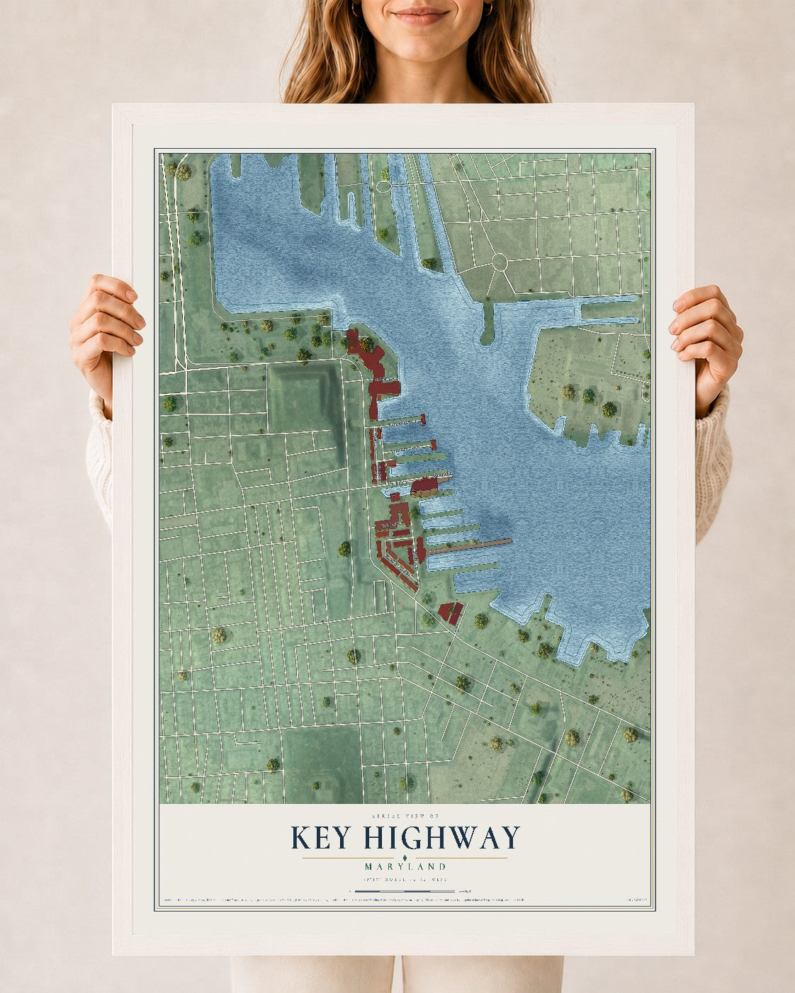 Map of Key Highway, Maryland, 24 x 36 inch print in a white wood frame