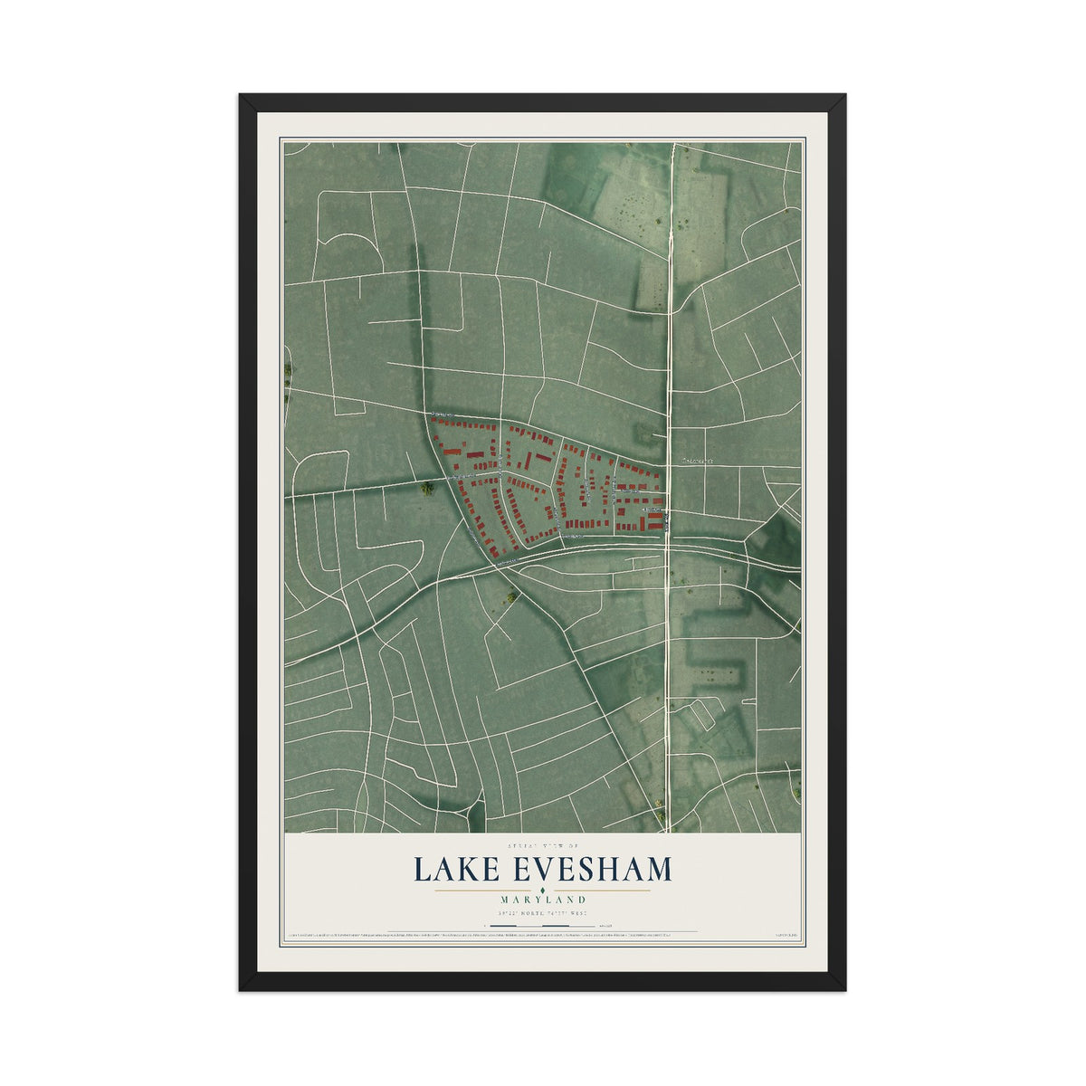 Map of Lake Evesham, Maryland, 12 x 18 inch print in a black wood frame