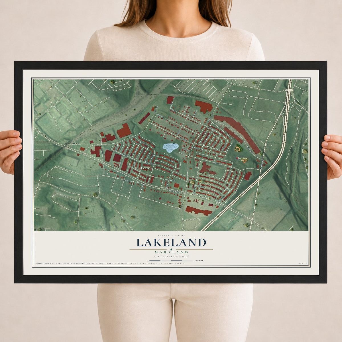 Map of Lakeland, Maryland, 18 x 24 inch print in a black wood frame