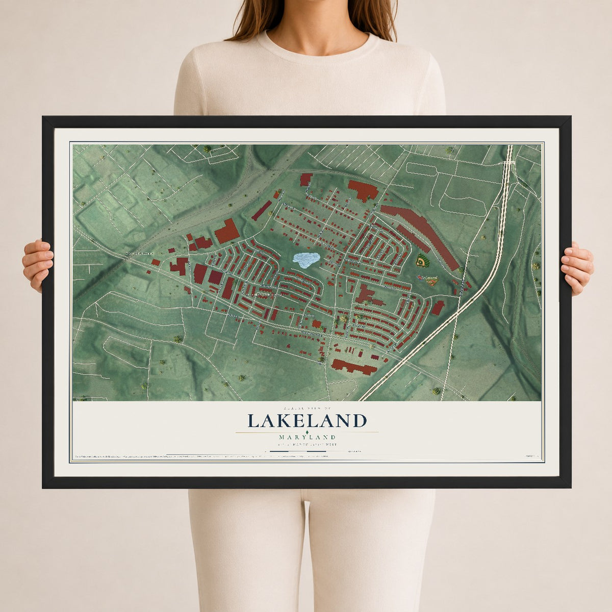 Map of Lakeland, Maryland, 24 x 36 inch print in a black wood frame