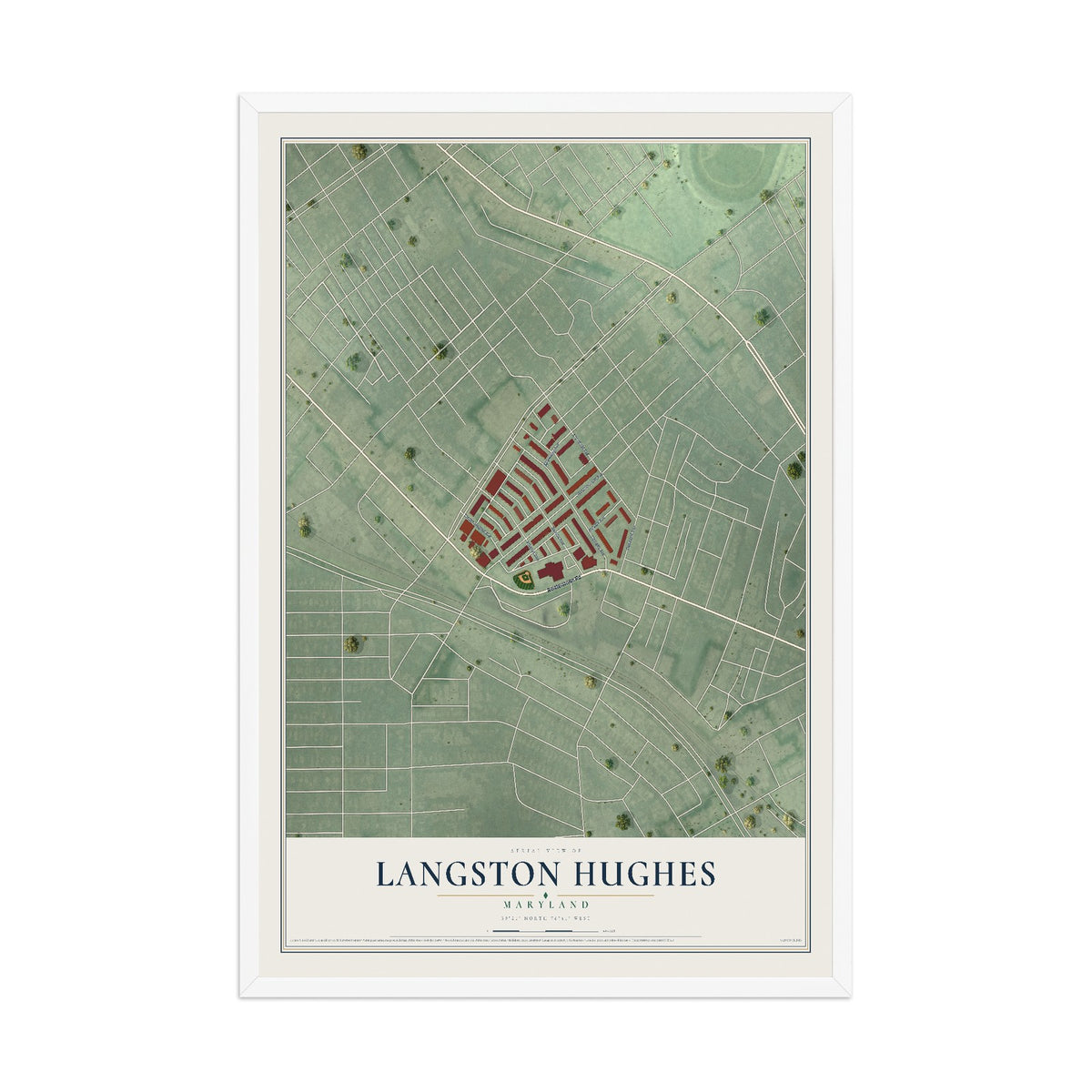 Map of Langston Hughes, Maryland, 12 x 18 inch print in a white wood frame