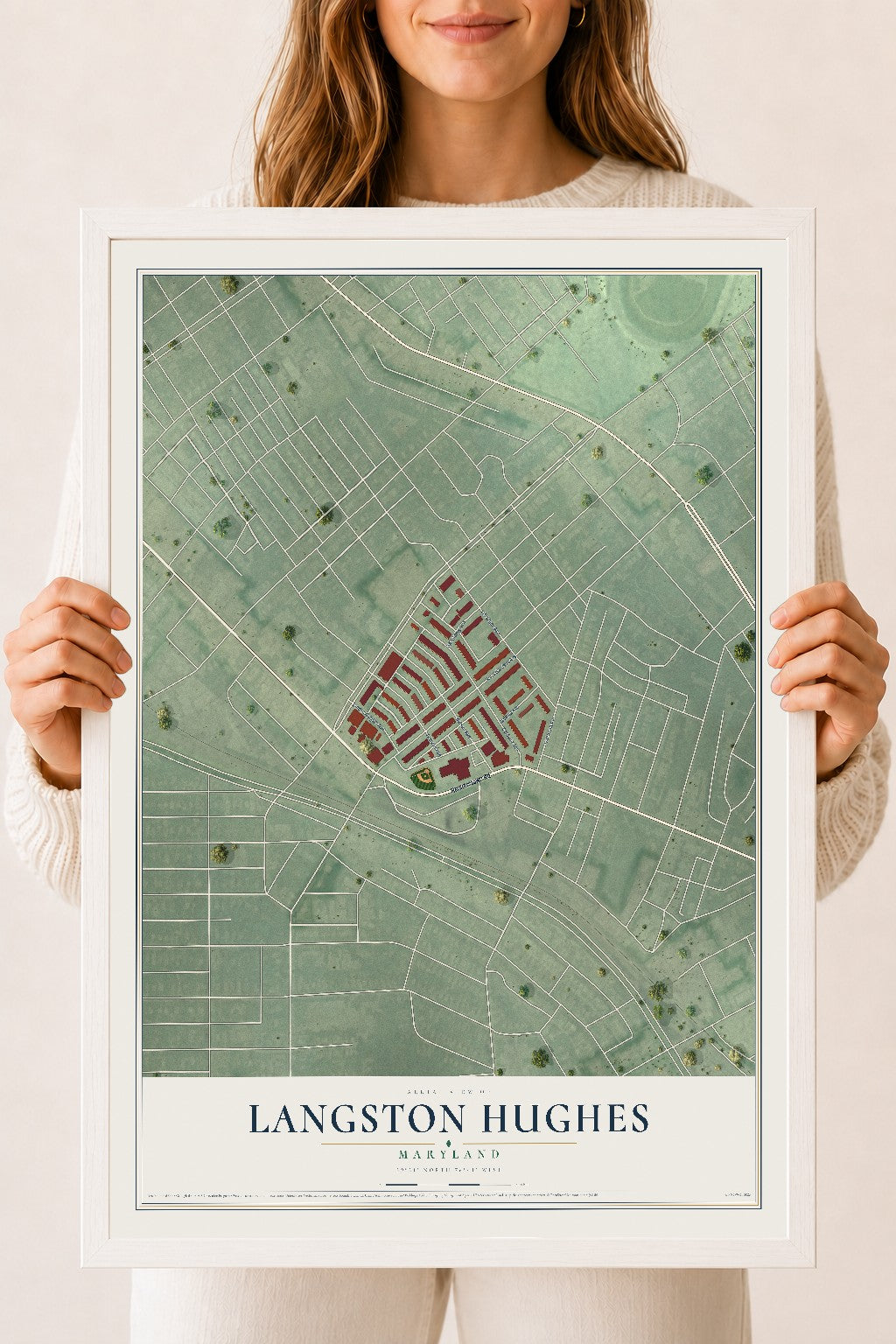 Map of Langston Hughes, Maryland, 18 x 24 inch print in a white wood frame