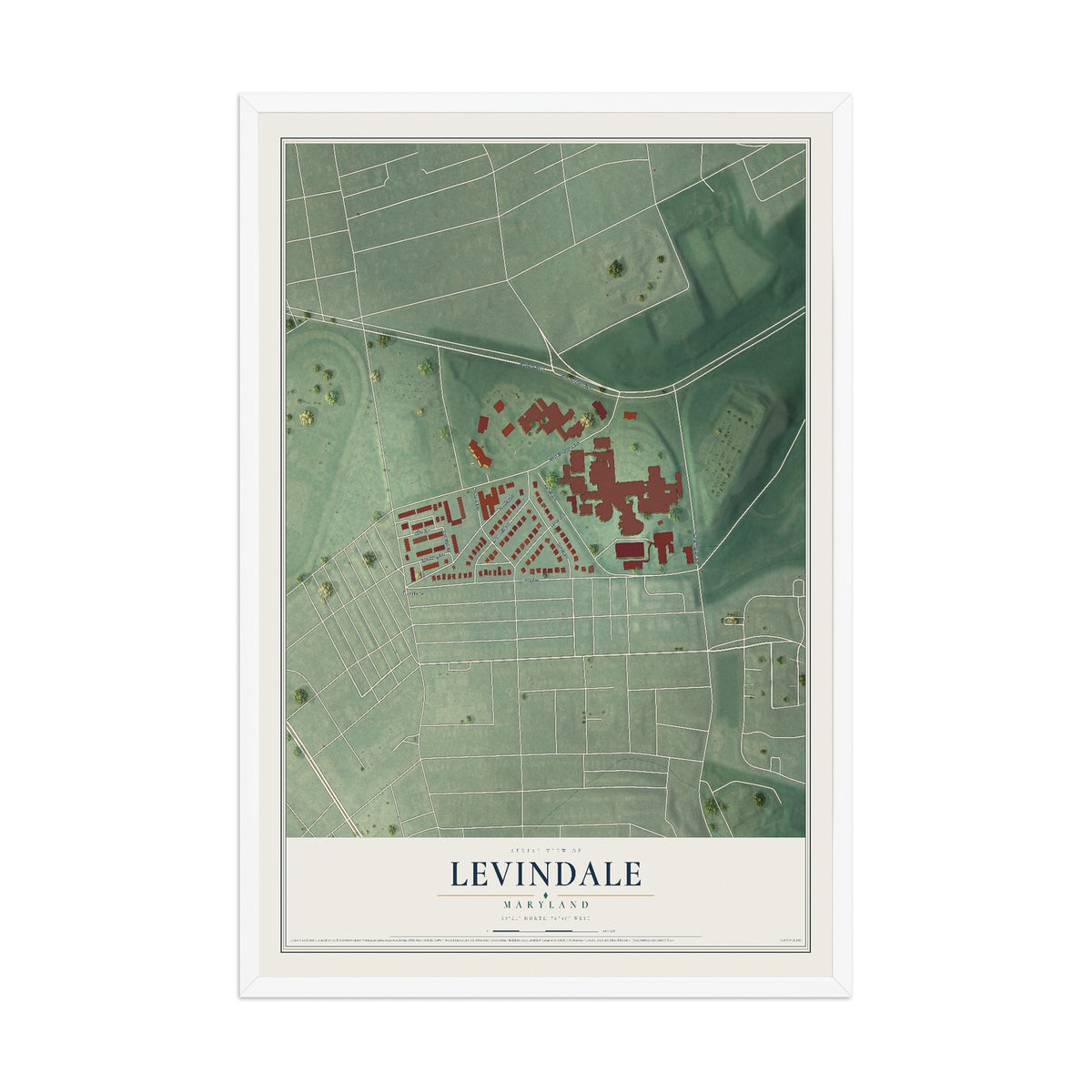 Map of Levindale, Maryland, 12 x 18 inch print in a white wood frame