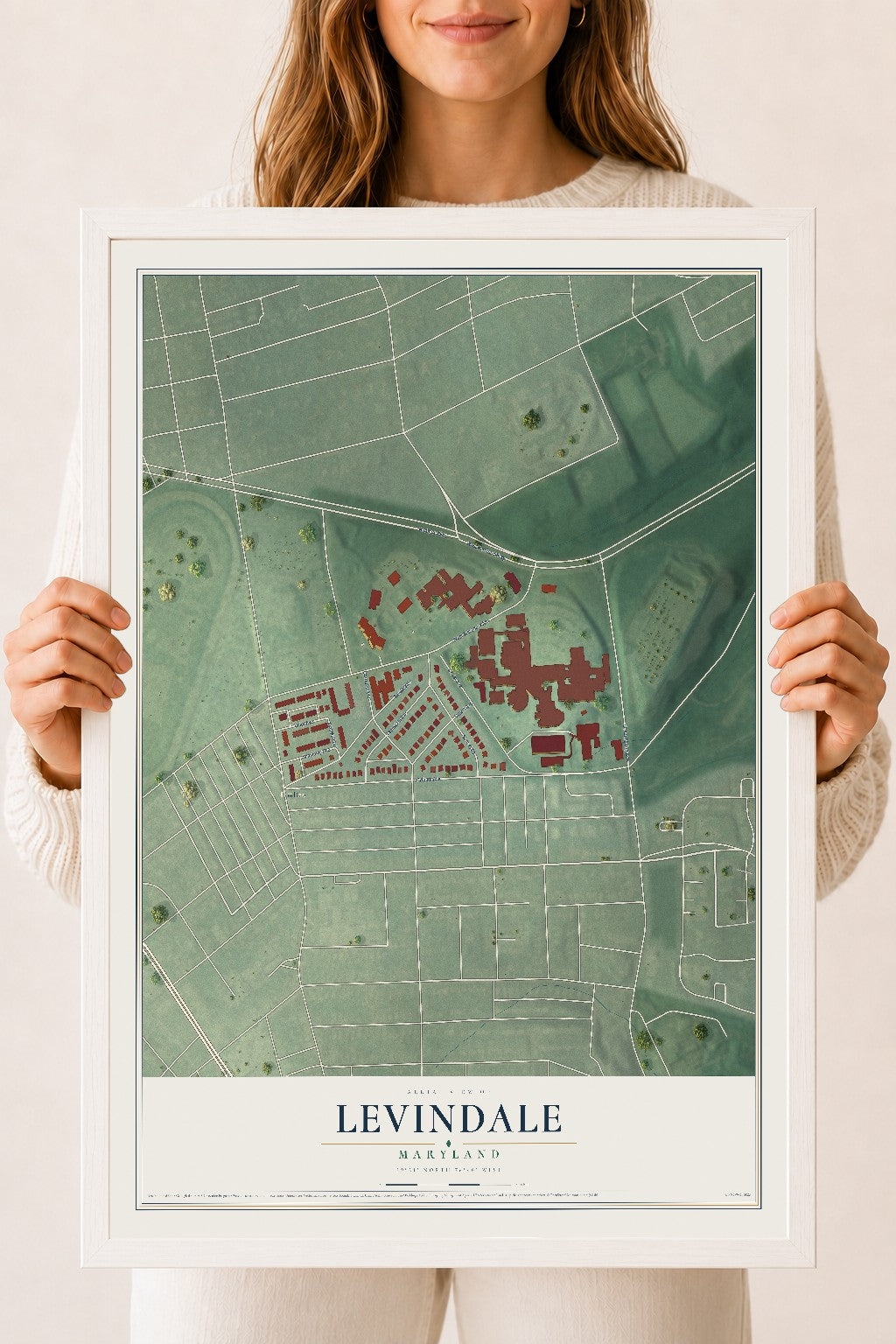 Map of Levindale, Maryland, 18 x 24 inch print in a white wood frame