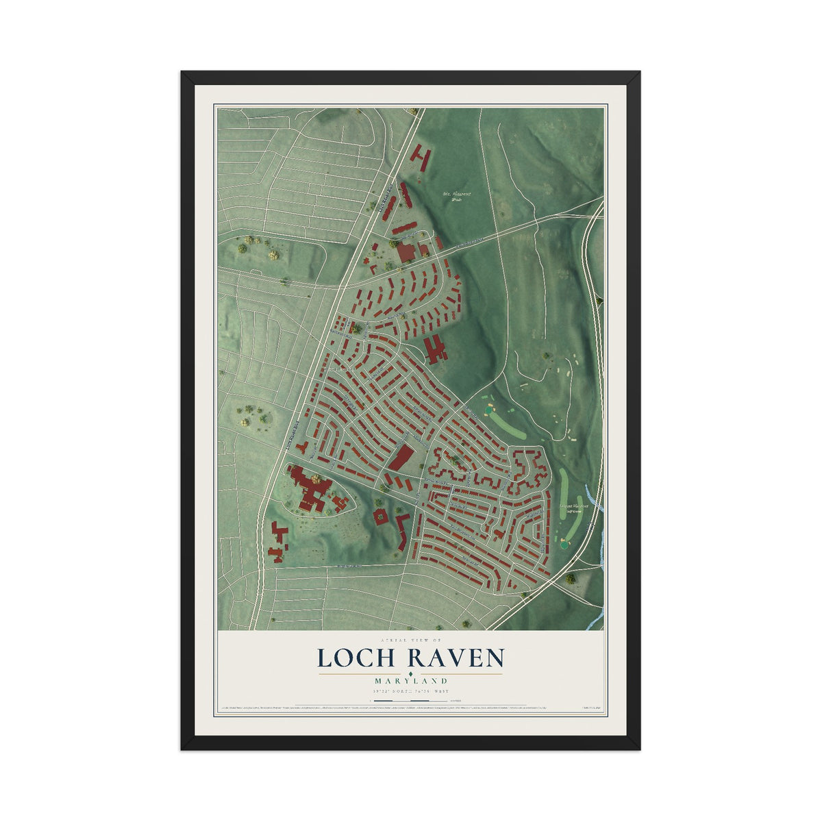 Map of Loch Raven, Maryland, 12 x 18 inch print in a black wood frame
