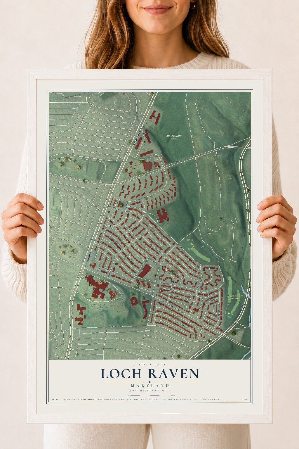 Map of Loch Raven, Maryland, 18 x 24 inch print in a white wood frame