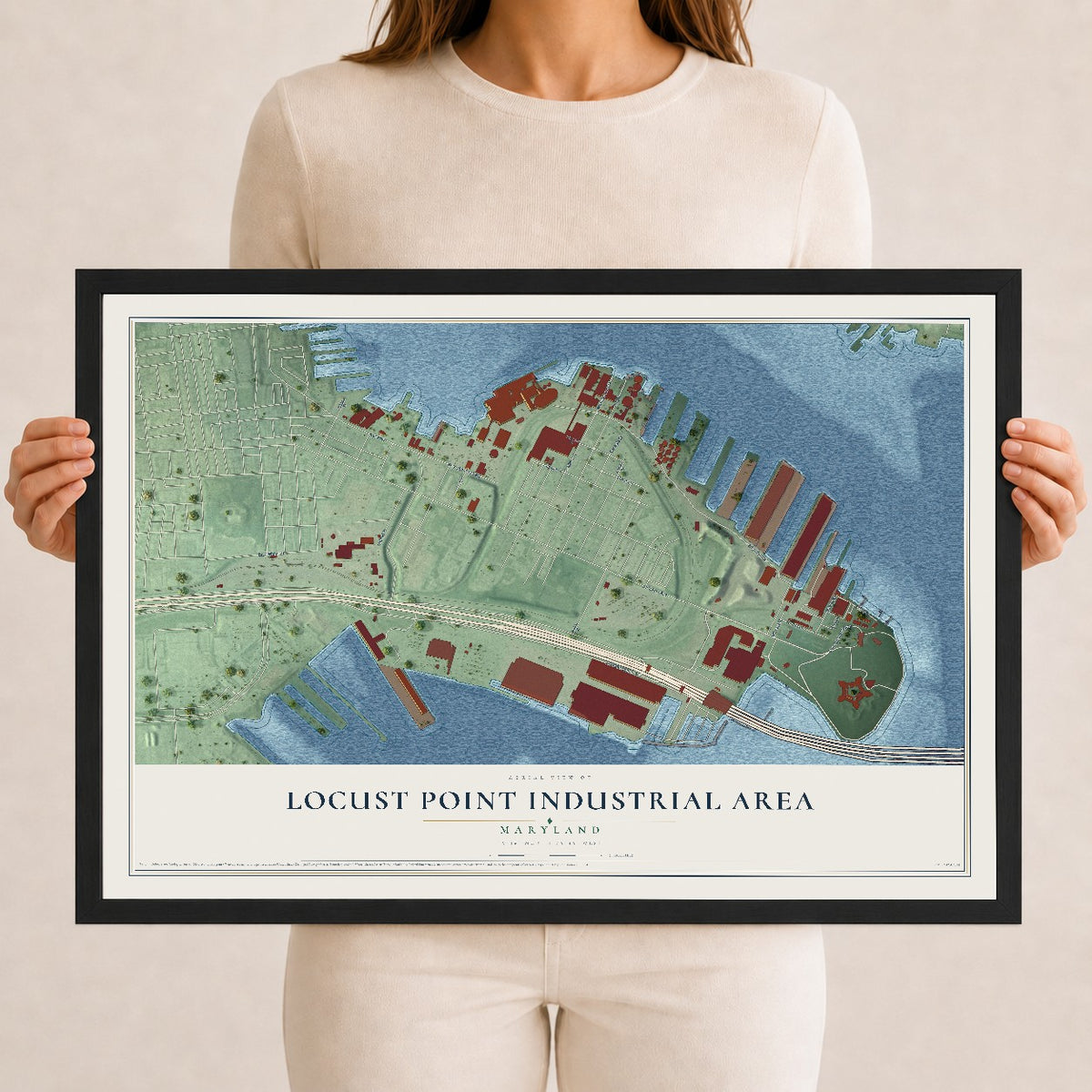 Map of Locust Point Industrial Area, Maryland, 12 x 18 inch print in a black wood frame