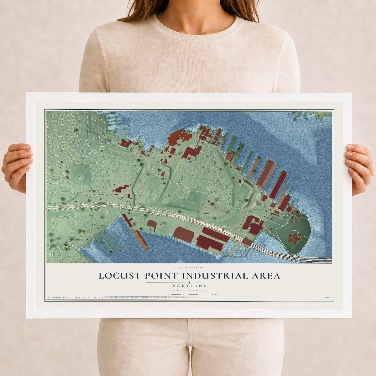 Map of Locust Point Industrial Area, Maryland, 12 x 18 inch print in a white wood frame