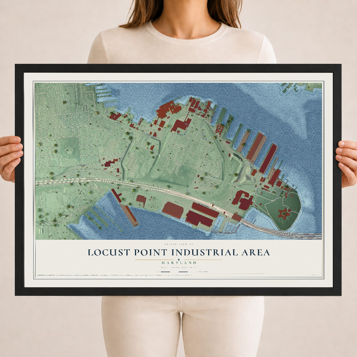 Map of Locust Point Industrial Area, Maryland, 18 x 24 inch print in a black wood frame