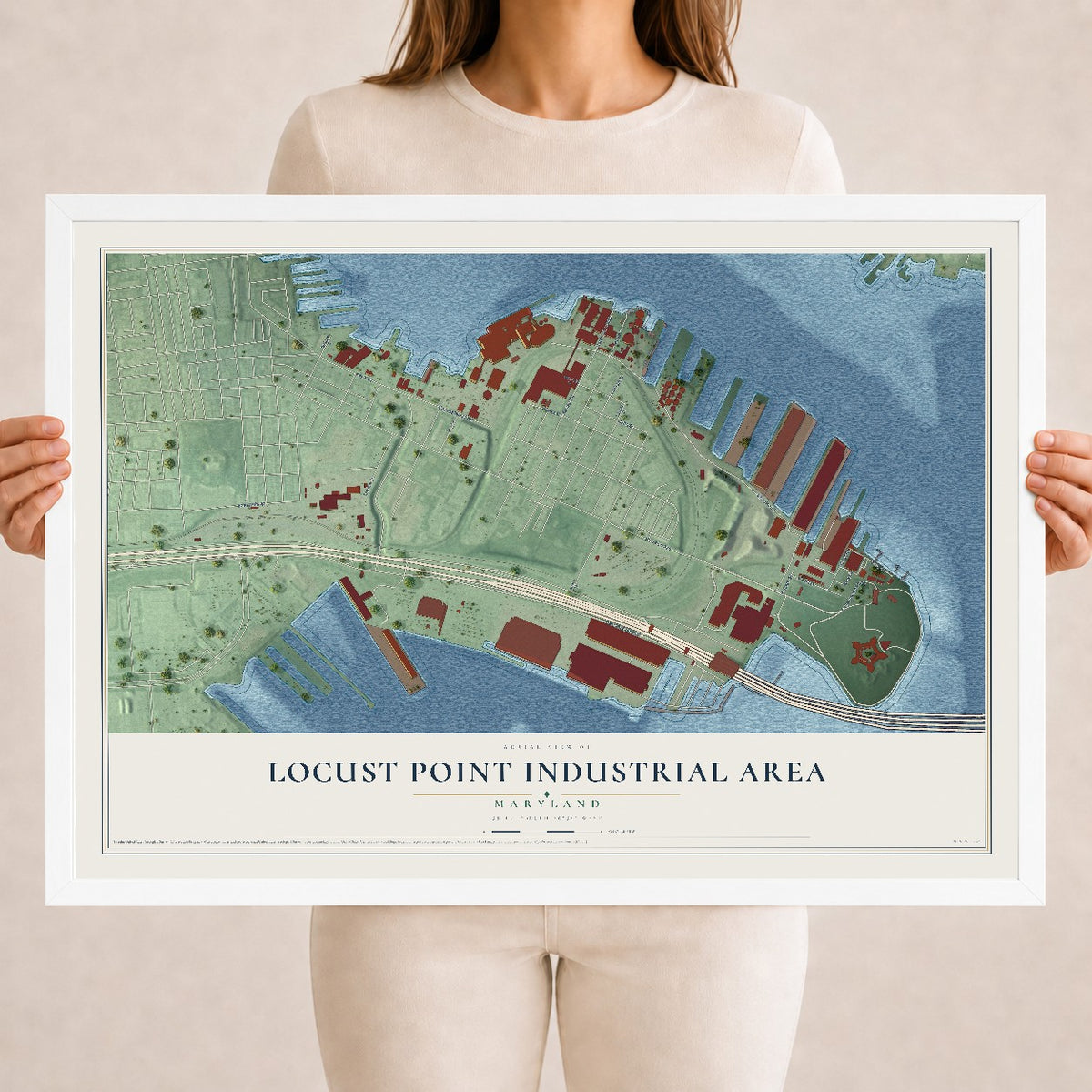 Map of Locust Point Industrial Area, Maryland, 18 x 24 inch print in a white wood frame