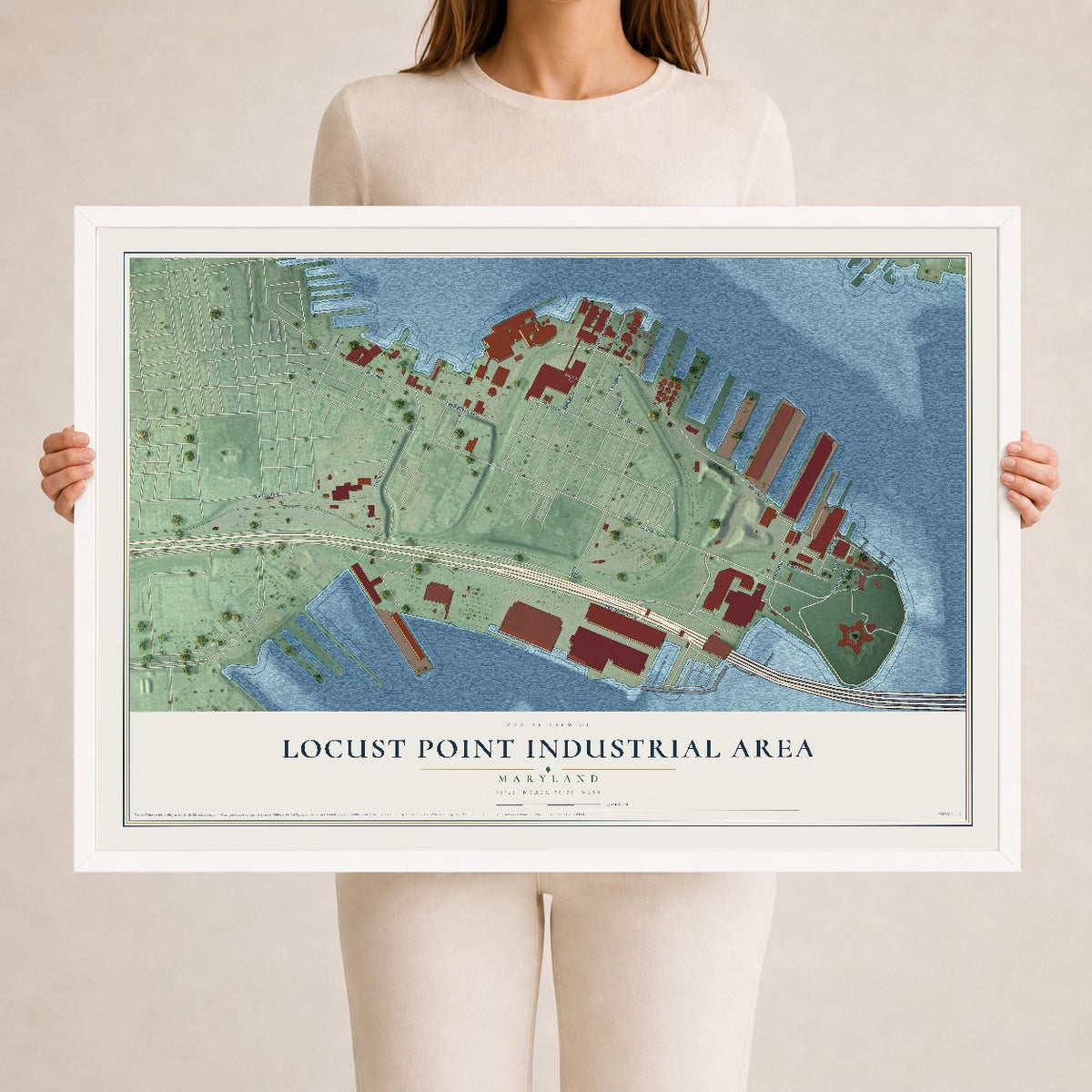 Map of Locust Point Industrial Area, Maryland, 24 x 36 inch print in a white wood frame