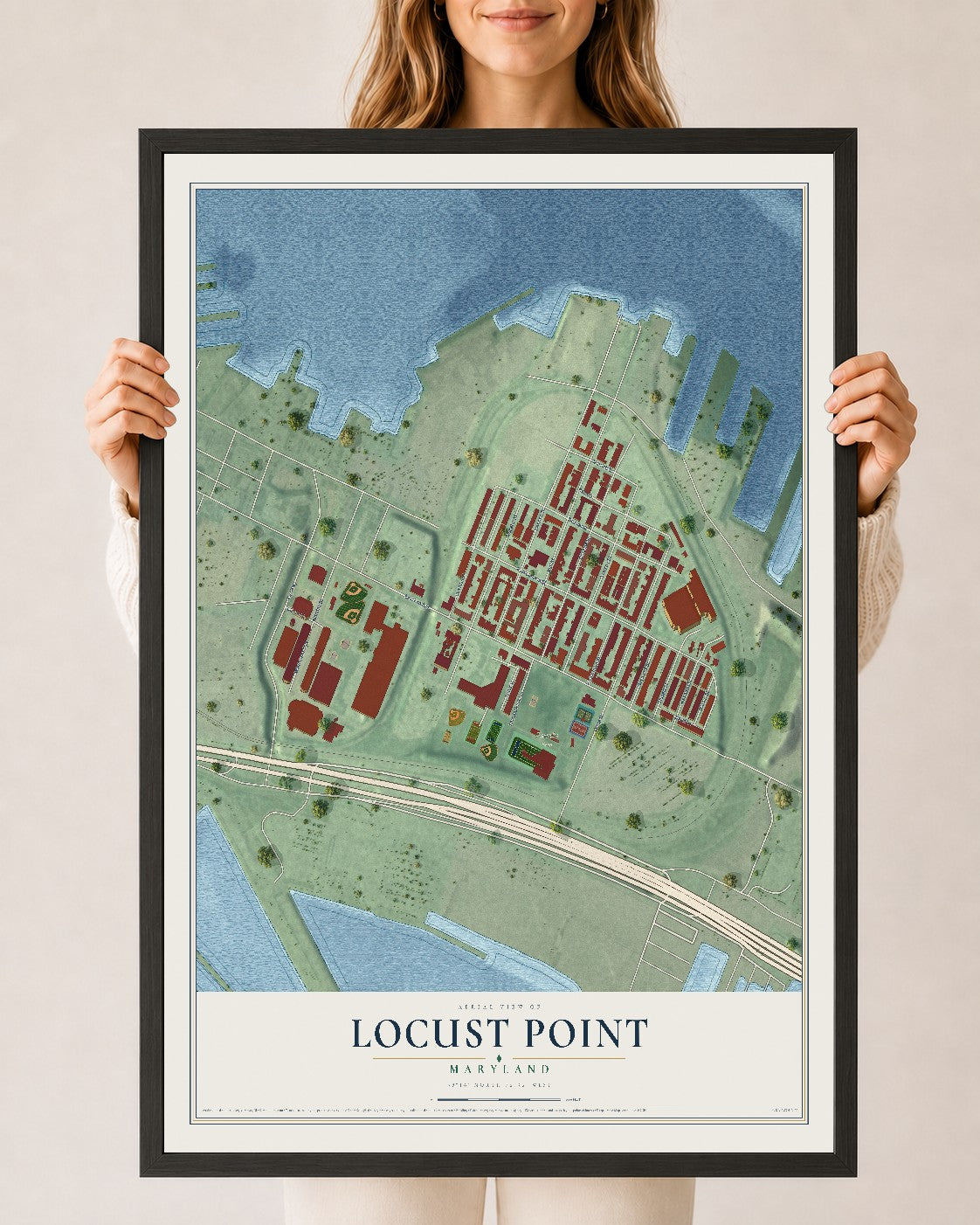 Map of Locust Point, Maryland, 24 x 36 inch print in a black wood frame