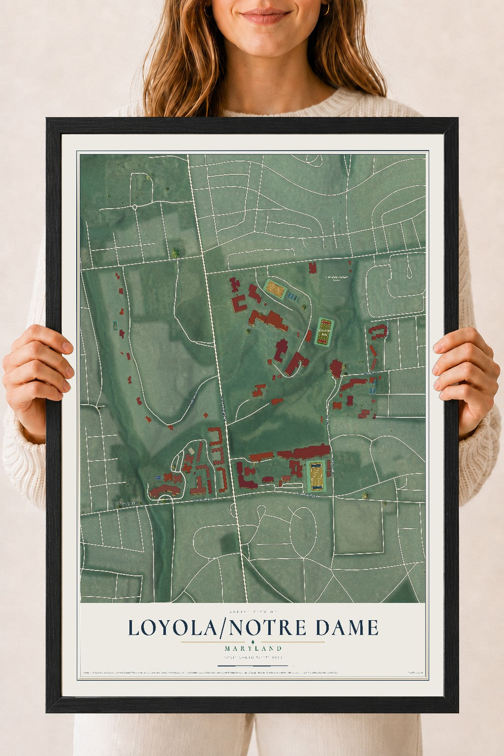 Map of Loyola-Notre Dame, Maryland, 18 x 24 inch print in a black wood frame