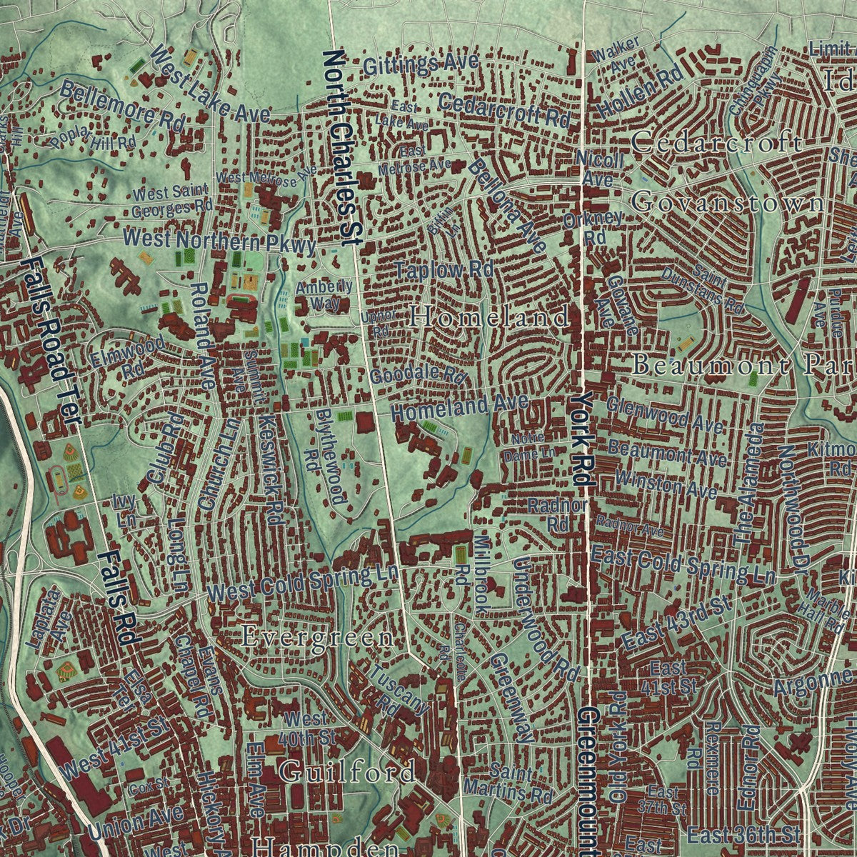 Second close-up of the map of Baltimore, Maryland print showing more streets and buildings