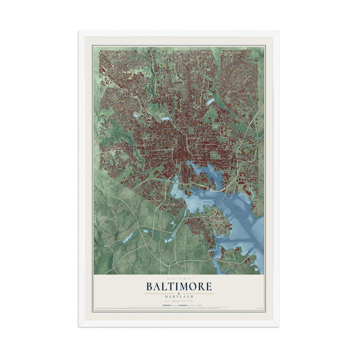 Map of Baltimore, Maryland, 12 x 18 inch print in a white wood frame