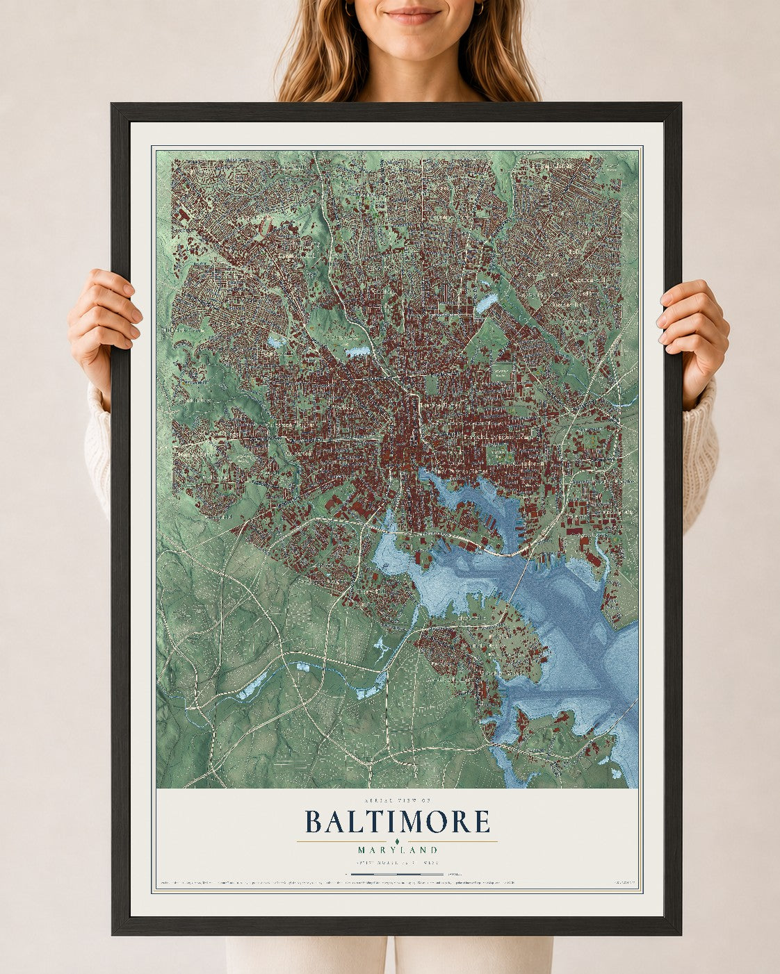 Map of Baltimore, Maryland, 24 x 36 inch print in a black wood frame