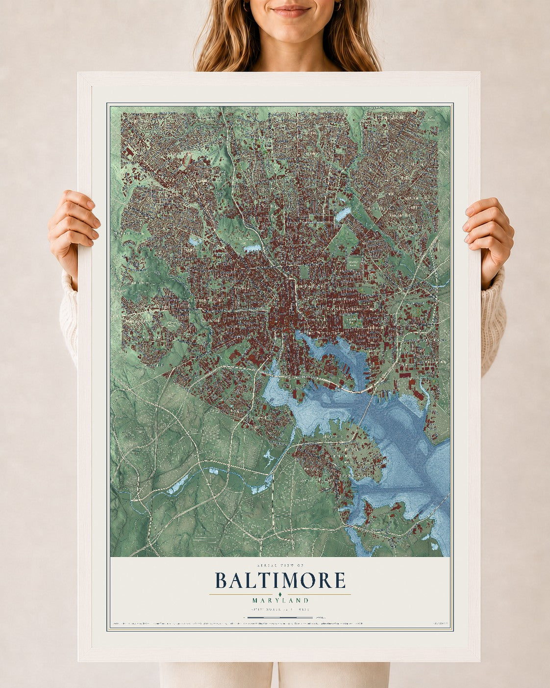 Map of Baltimore, Maryland, 24 x 36 inch print in a white wood frame