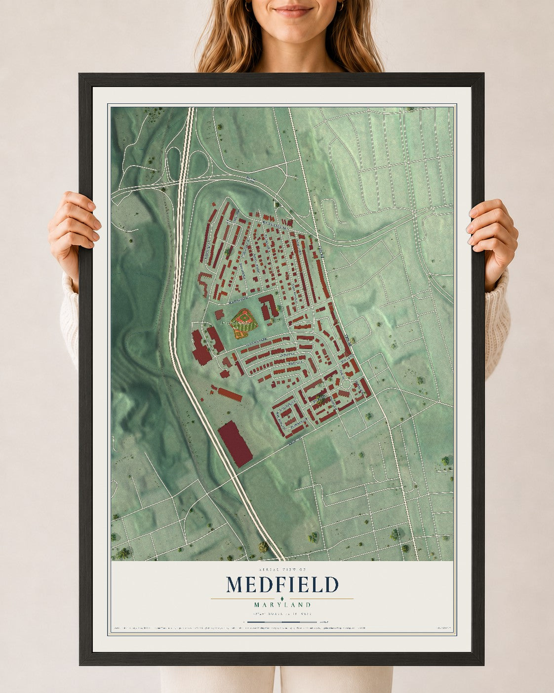 Map of Medfield, Maryland, 24 x 36 inch print in a black wood frame