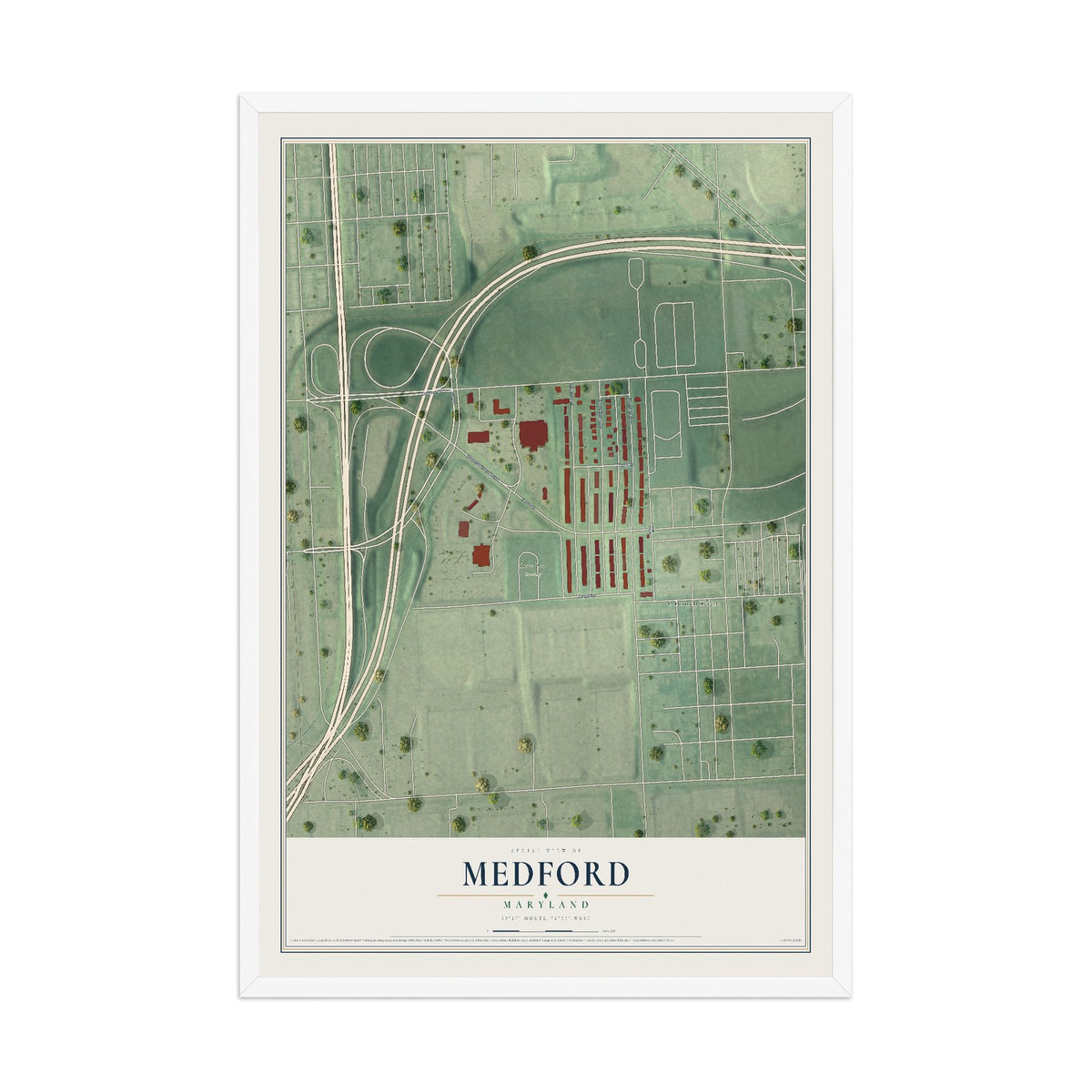 Map of Medford, Maryland, 12 x 18 inch print in a white wood frame