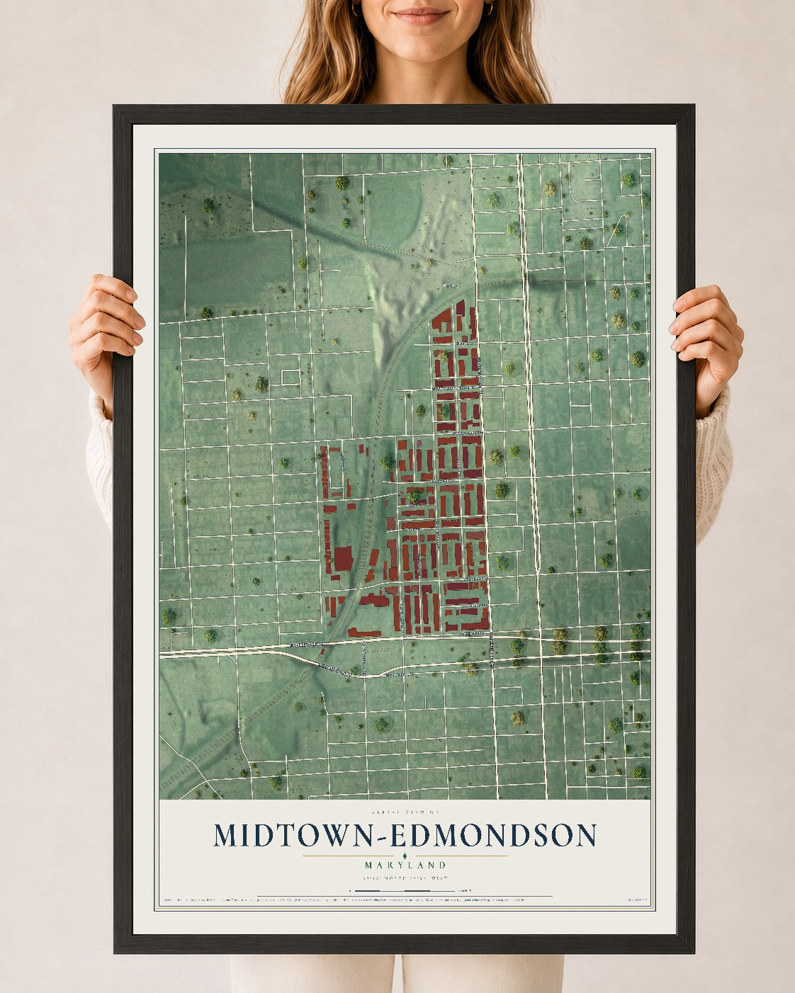 Map of Midtown-Edmondson, Maryland, 24 x 36 inch print in a black wood frame