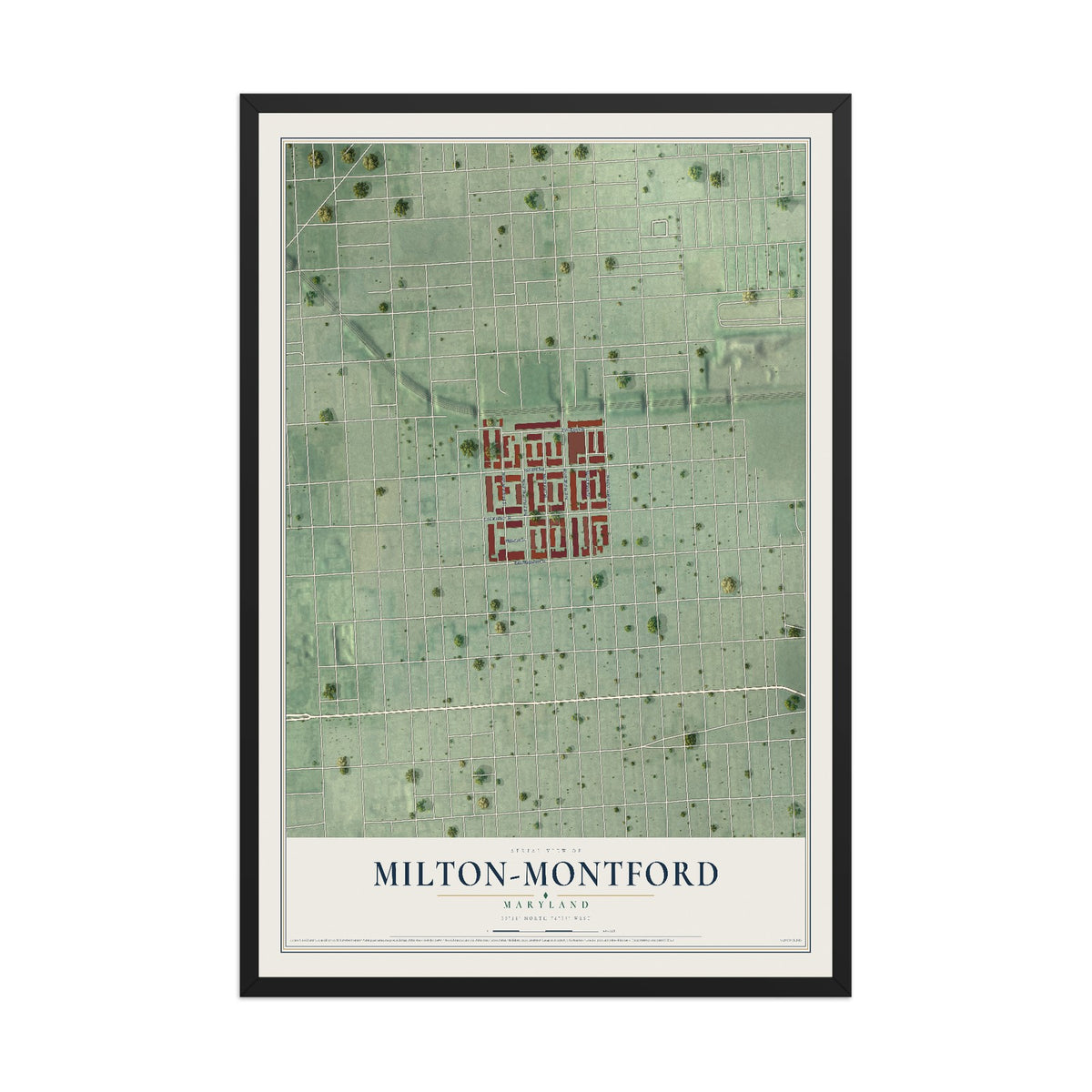 Map of Milton-Montford, Maryland, 12 x 18 inch print in a black wood frame