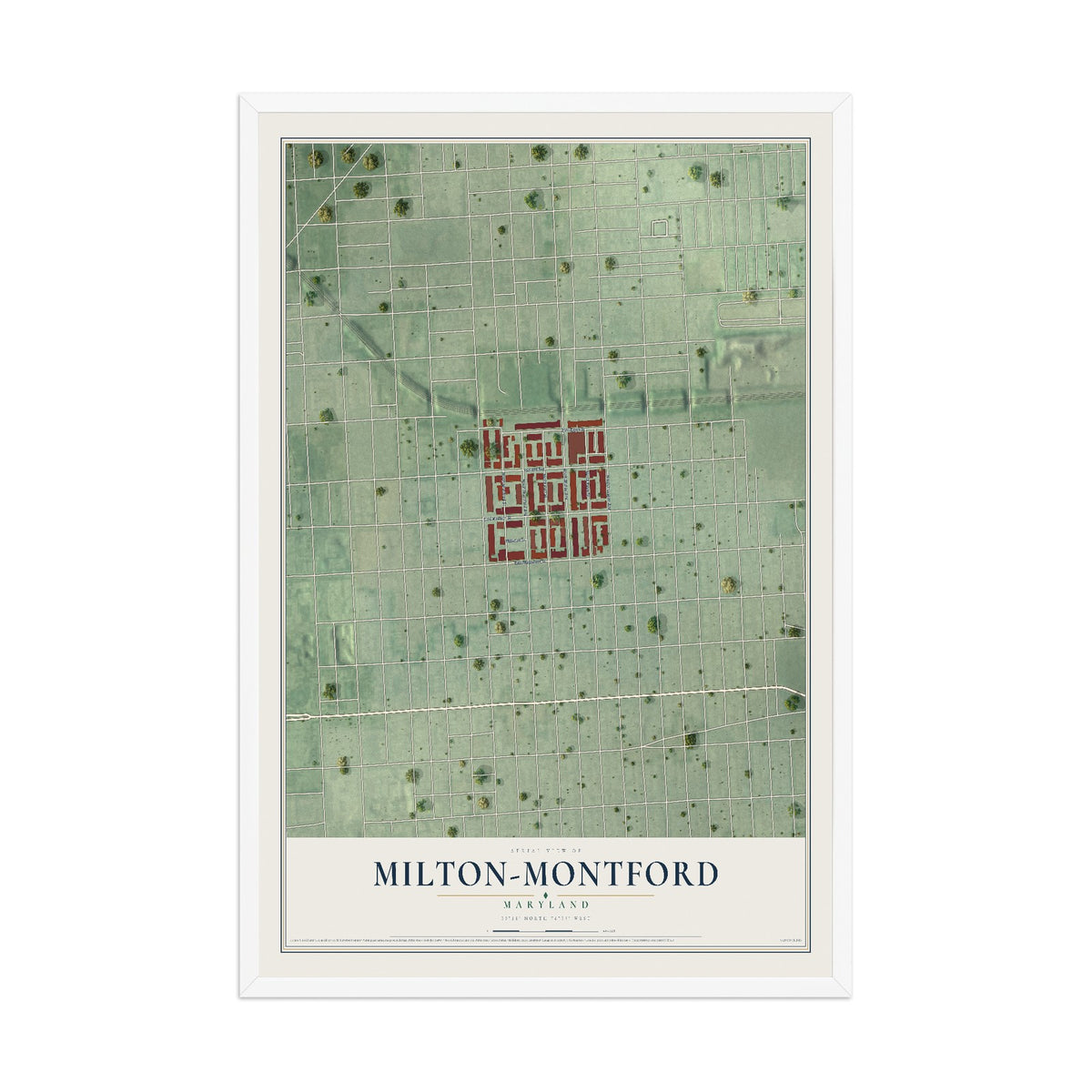 Map of Milton-Montford, Maryland, 12 x 18 inch print in a white wood frame