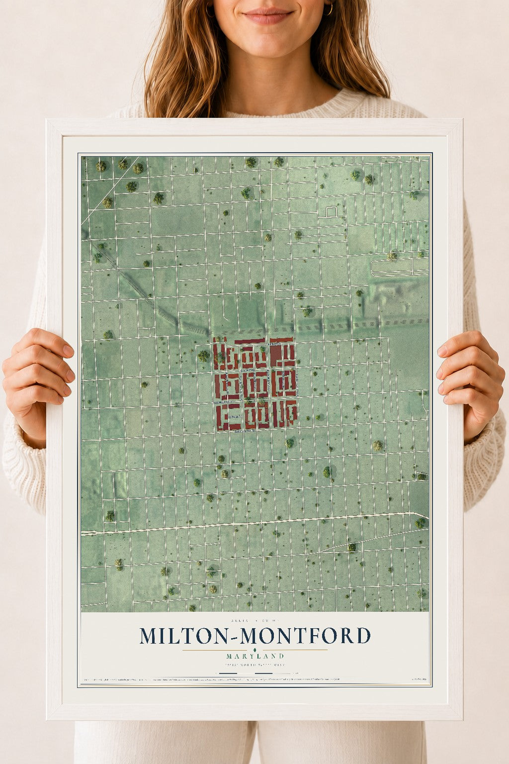 Map of Milton-Montford, Maryland, 18 x 24 inch print in a white wood frame