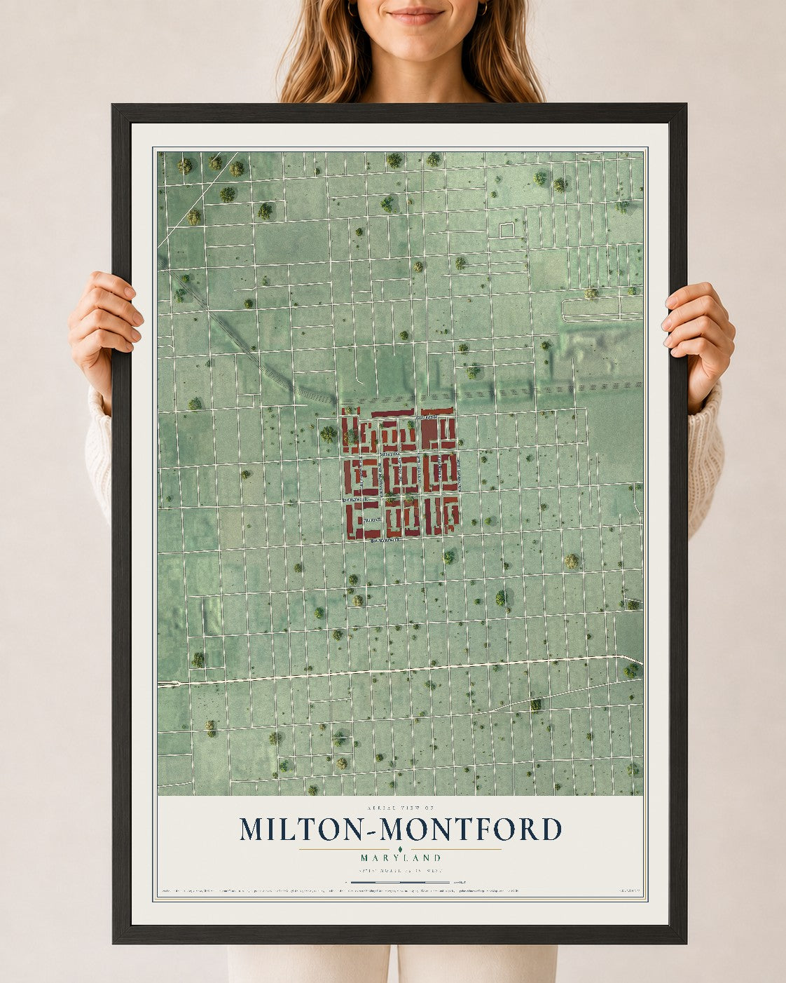 Map of Milton-Montford, Maryland, 24 x 36 inch print in a black wood frame