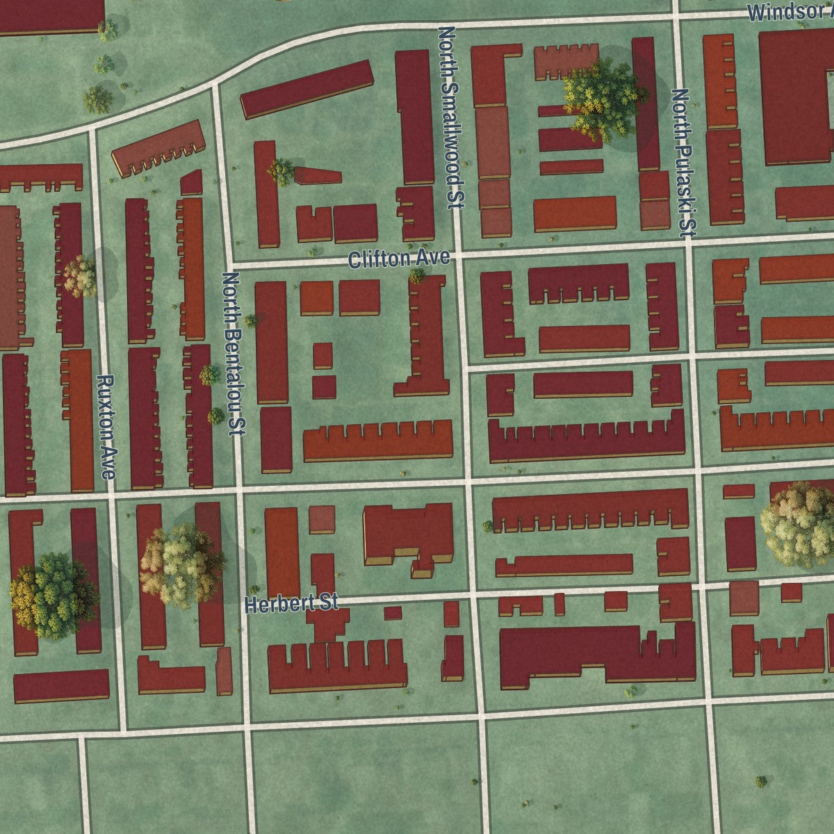 Close-up of the map of Mondawmin, Maryland print showing street and building detail