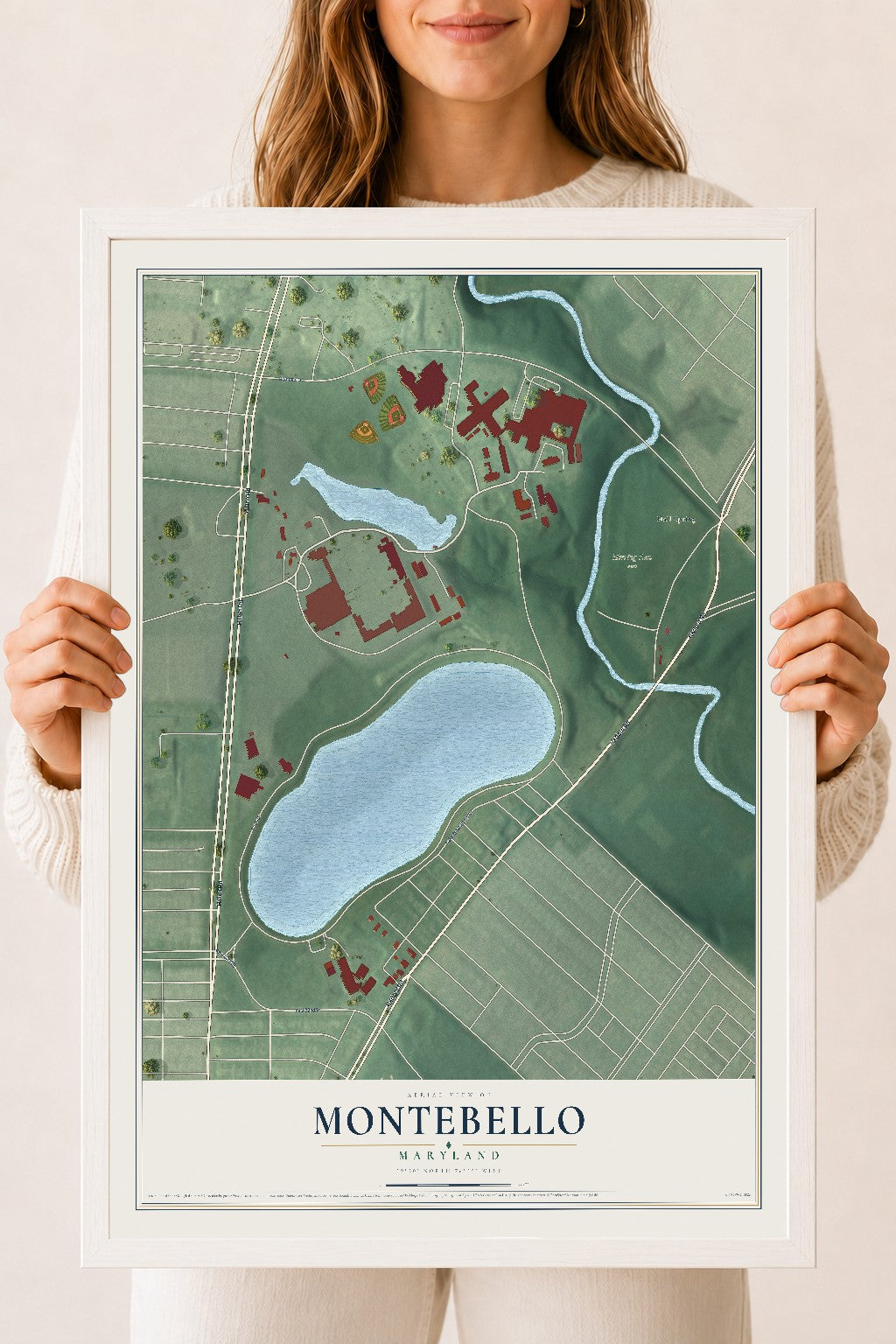 Map of Montebello, Maryland, 18 x 24 inch print in a white wood frame