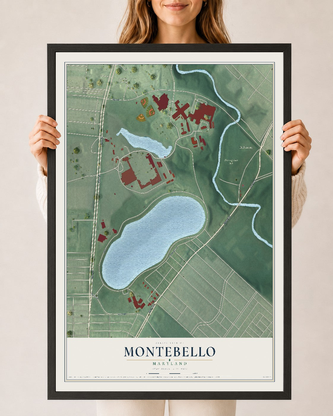 Map of Montebello, Maryland, 24 x 36 inch print in a black wood frame