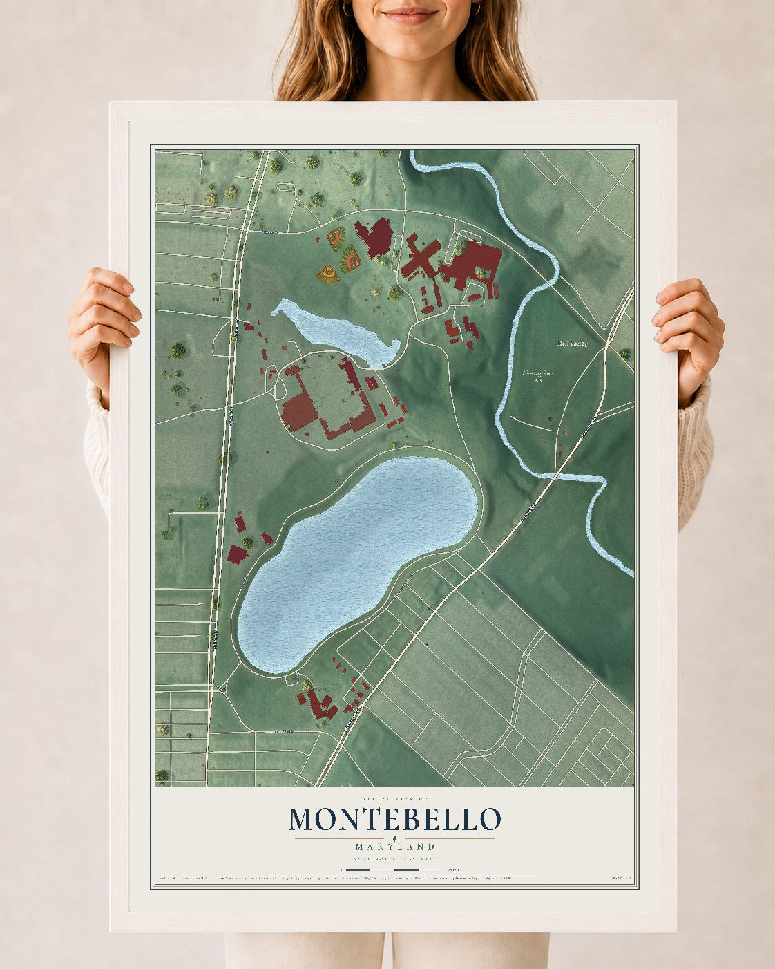 Map of Montebello, Maryland, 24 x 36 inch print in a white wood frame