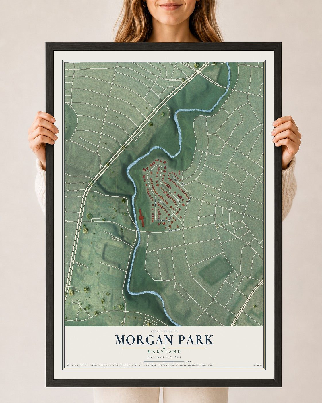Map of Morgan Park, Maryland, 24 x 36 inch print in a black wood frame