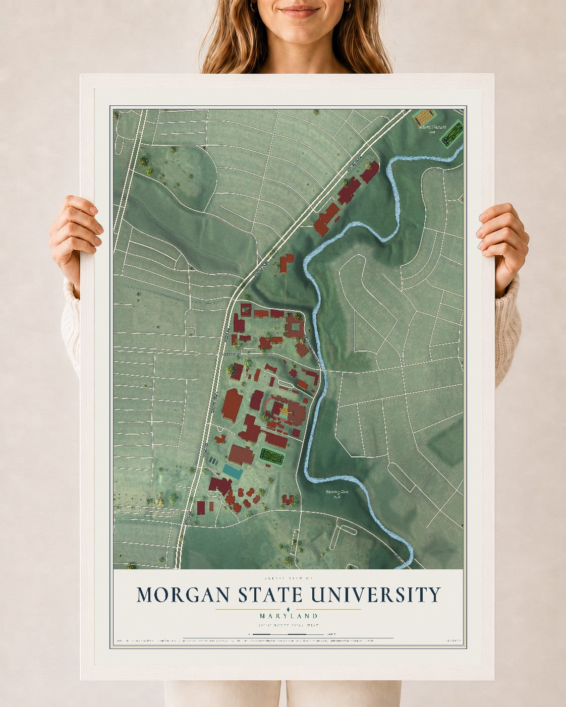 Map of Morgan State University, Maryland, 24 x 36 inch print in a white wood frame