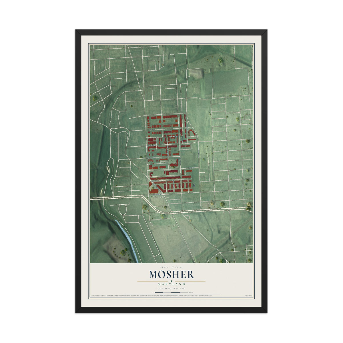 Map of Mosher, Maryland, 12 x 18 inch print in a black wood frame