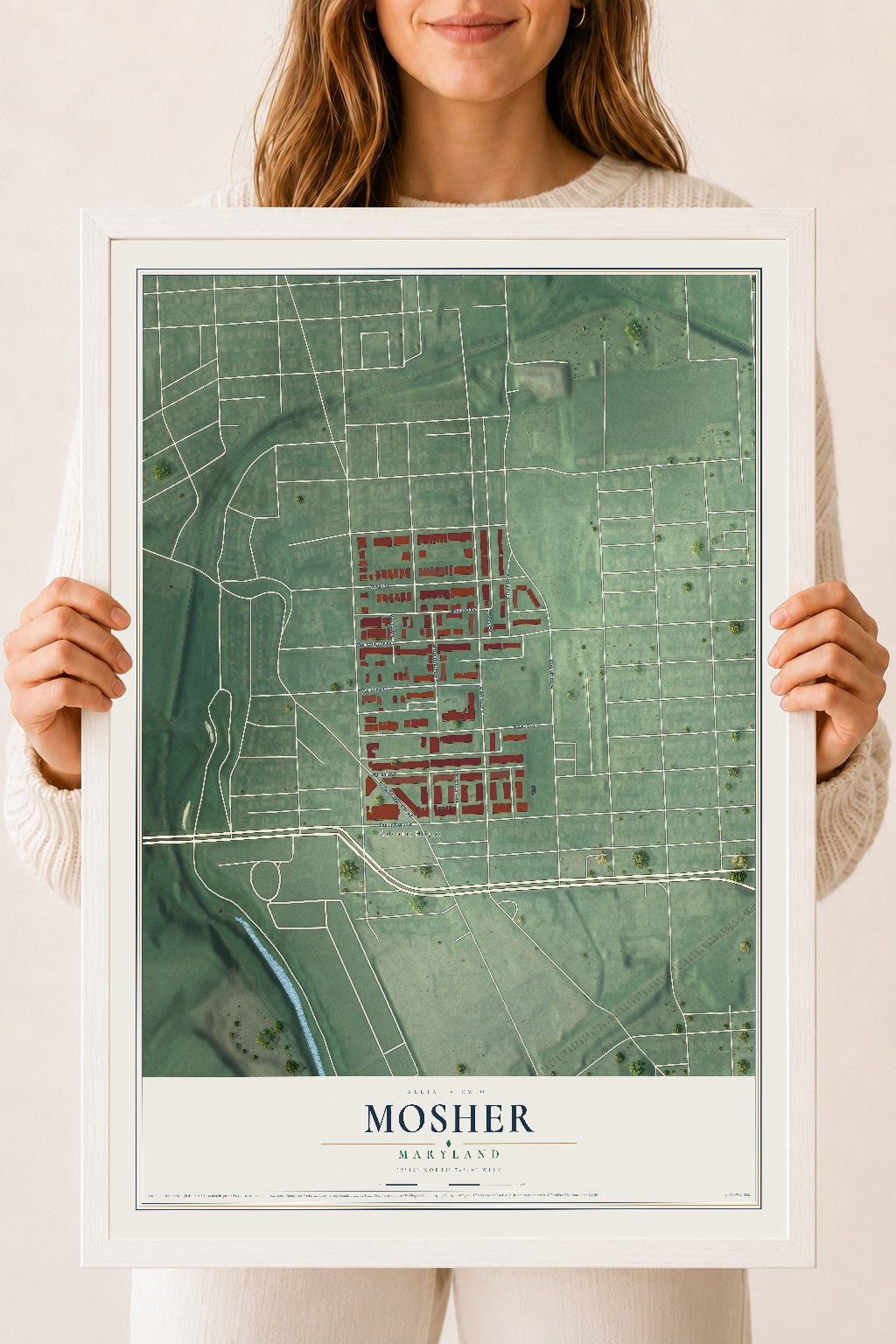 Map of Mosher, Maryland, 18 x 24 inch print in a white wood frame