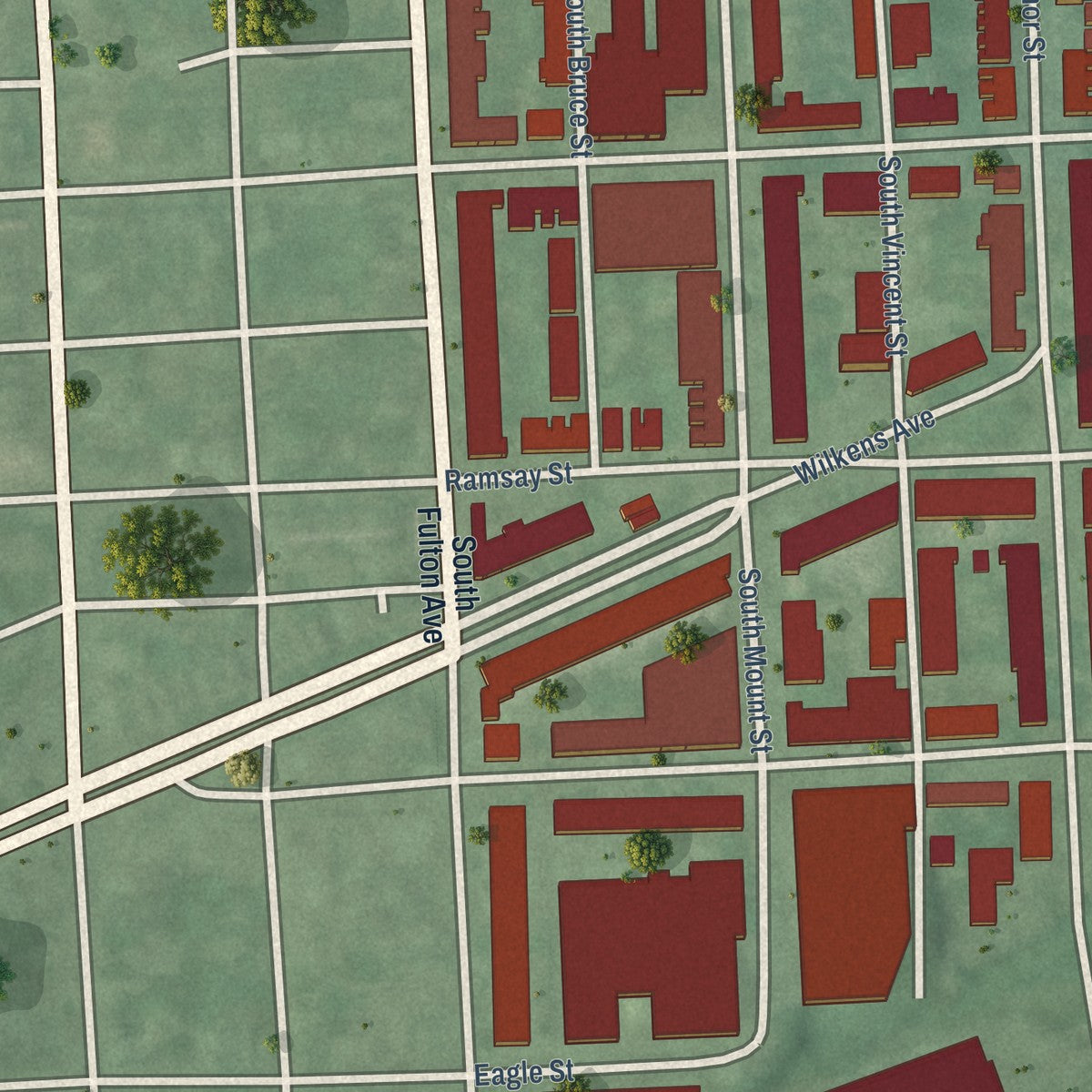 Close-up of the map of Mount Clare, Maryland print showing street and building detail