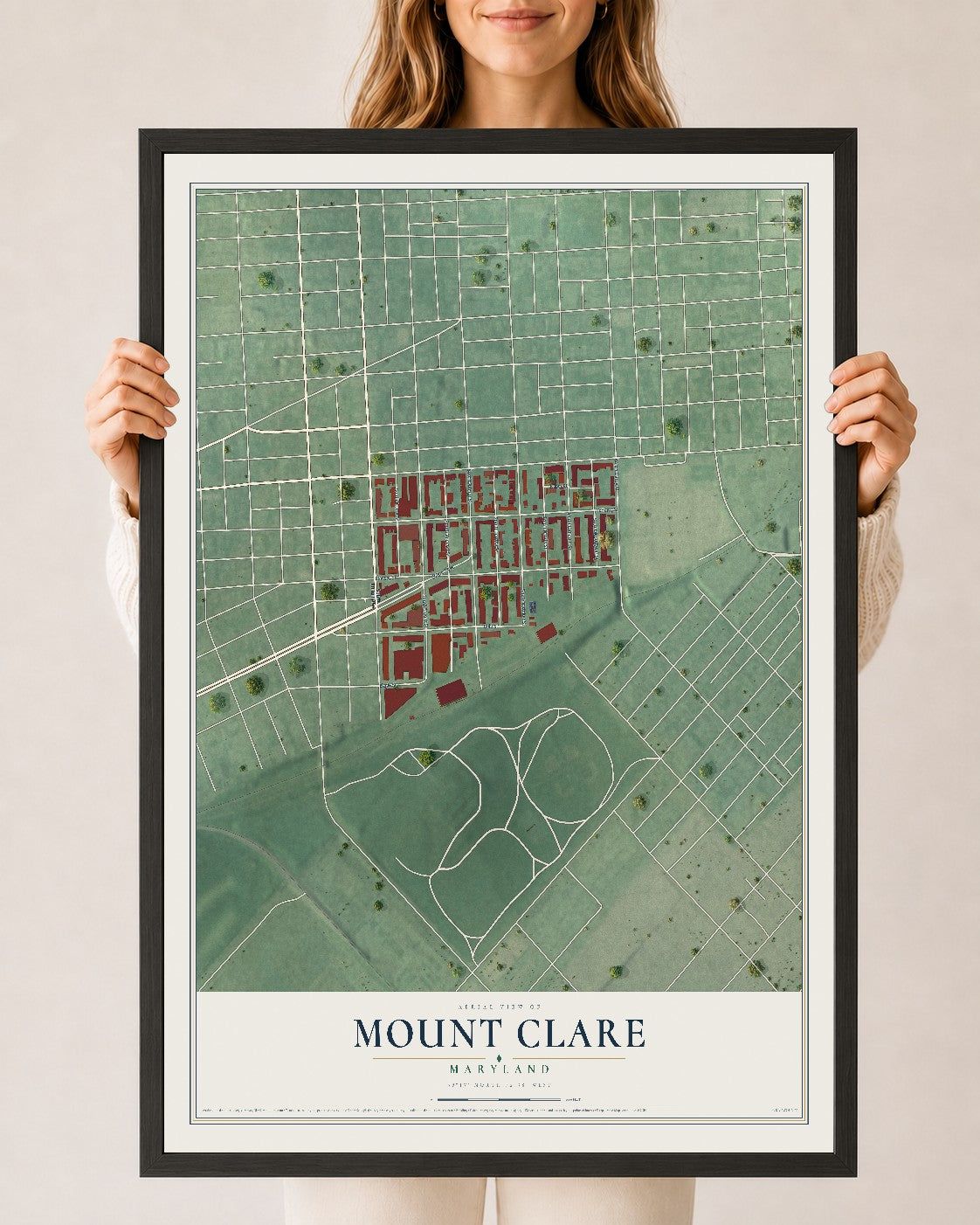 Map of Mount Clare, Maryland, 24 x 36 inch print in a black wood frame