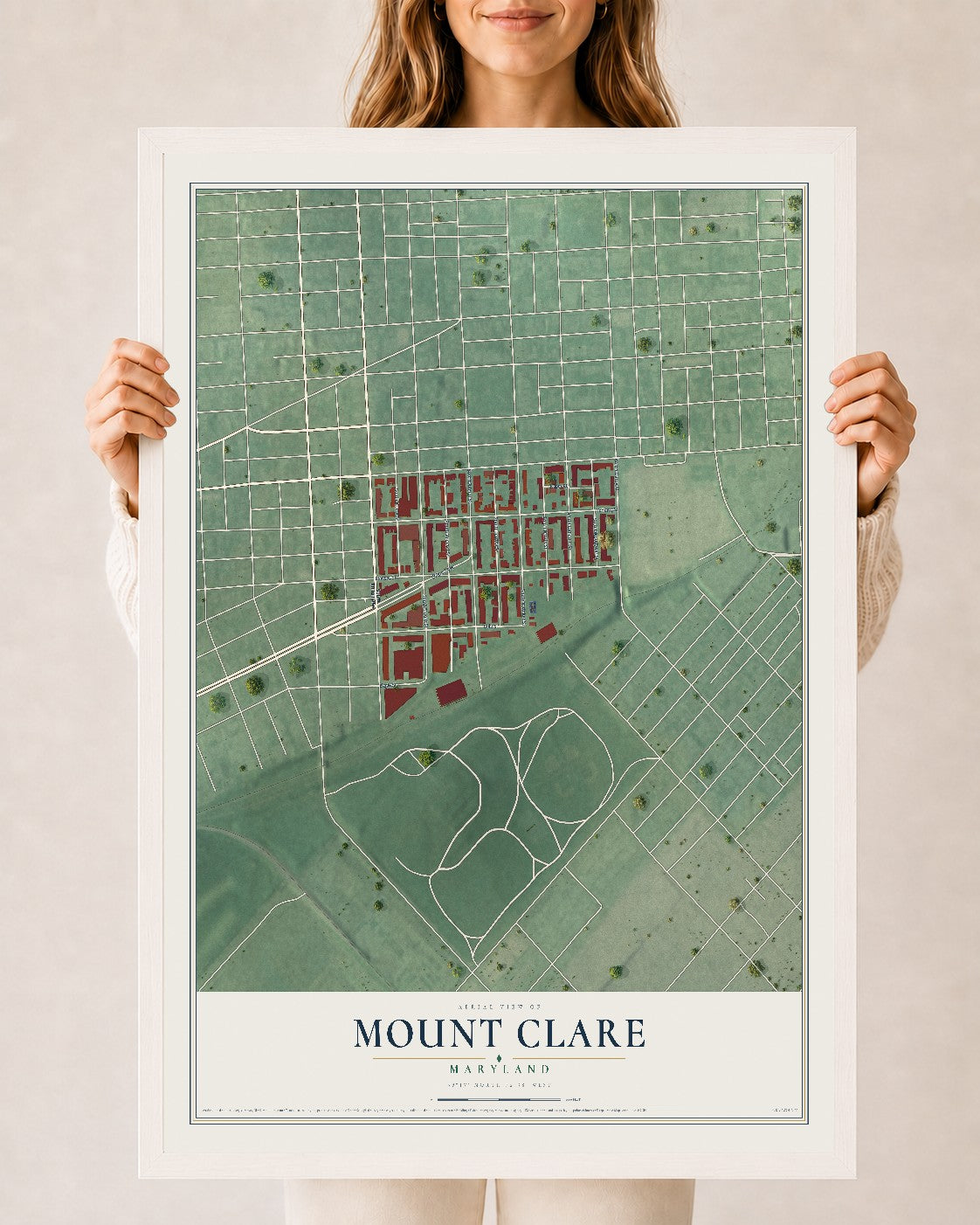 Map of Mount Clare, Maryland, 24 x 36 inch print in a white wood frame