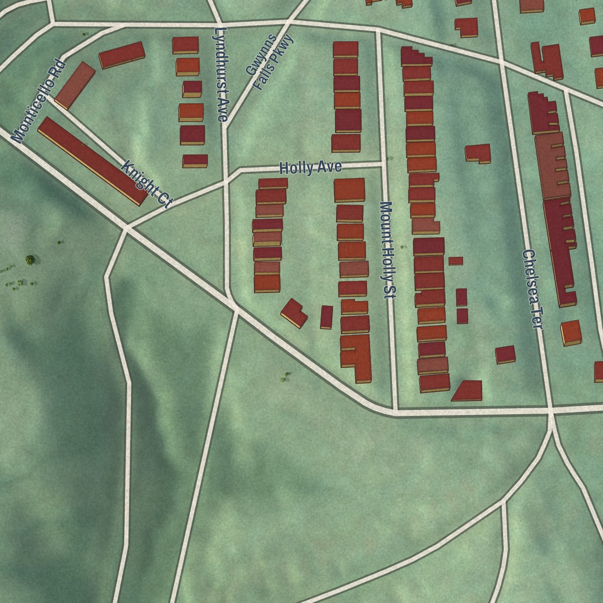 Second close-up of the map of Mount Holly, Maryland print showing more streets and buildings