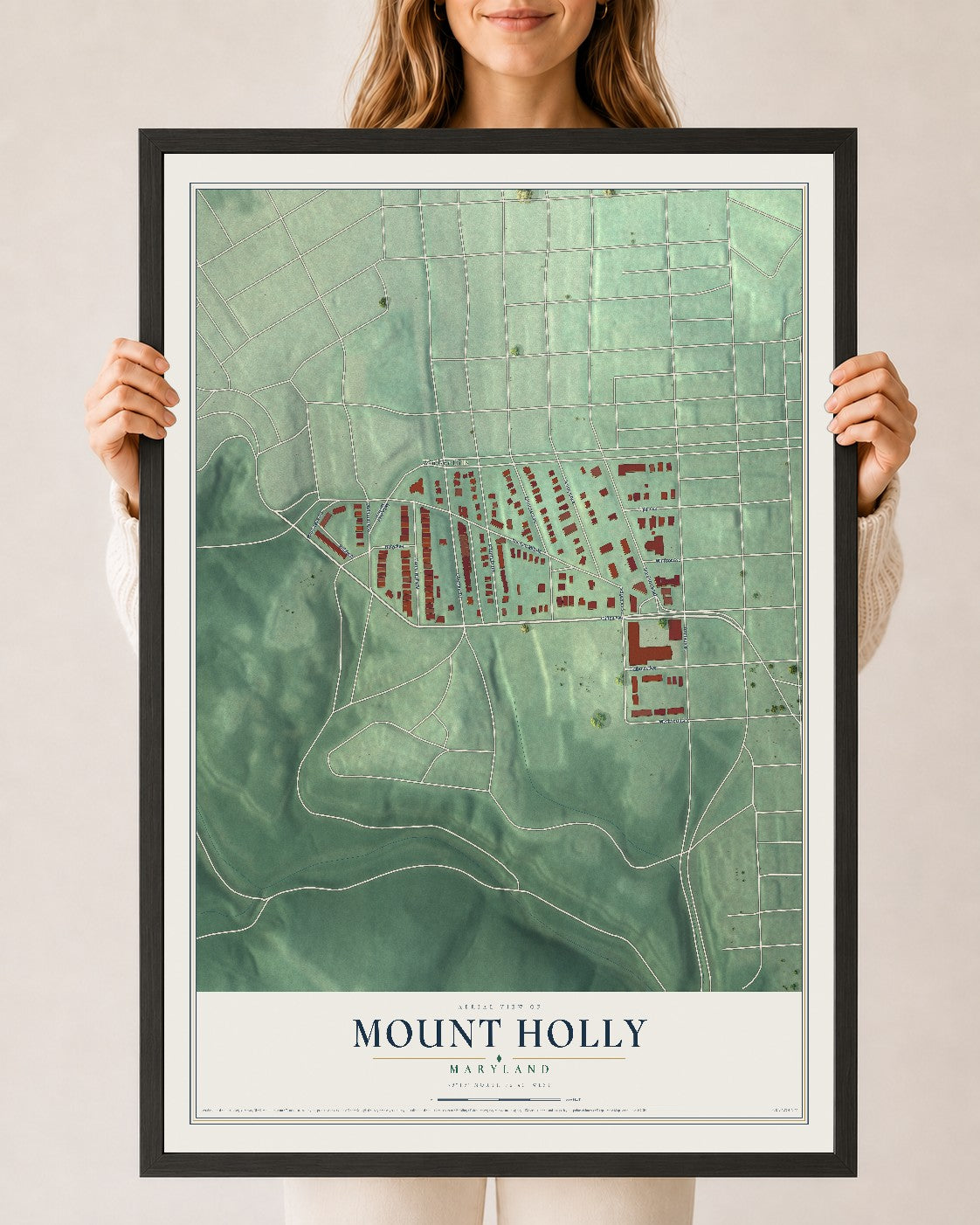Map of Mount Holly, Maryland, 24 x 36 inch print in a black wood frame