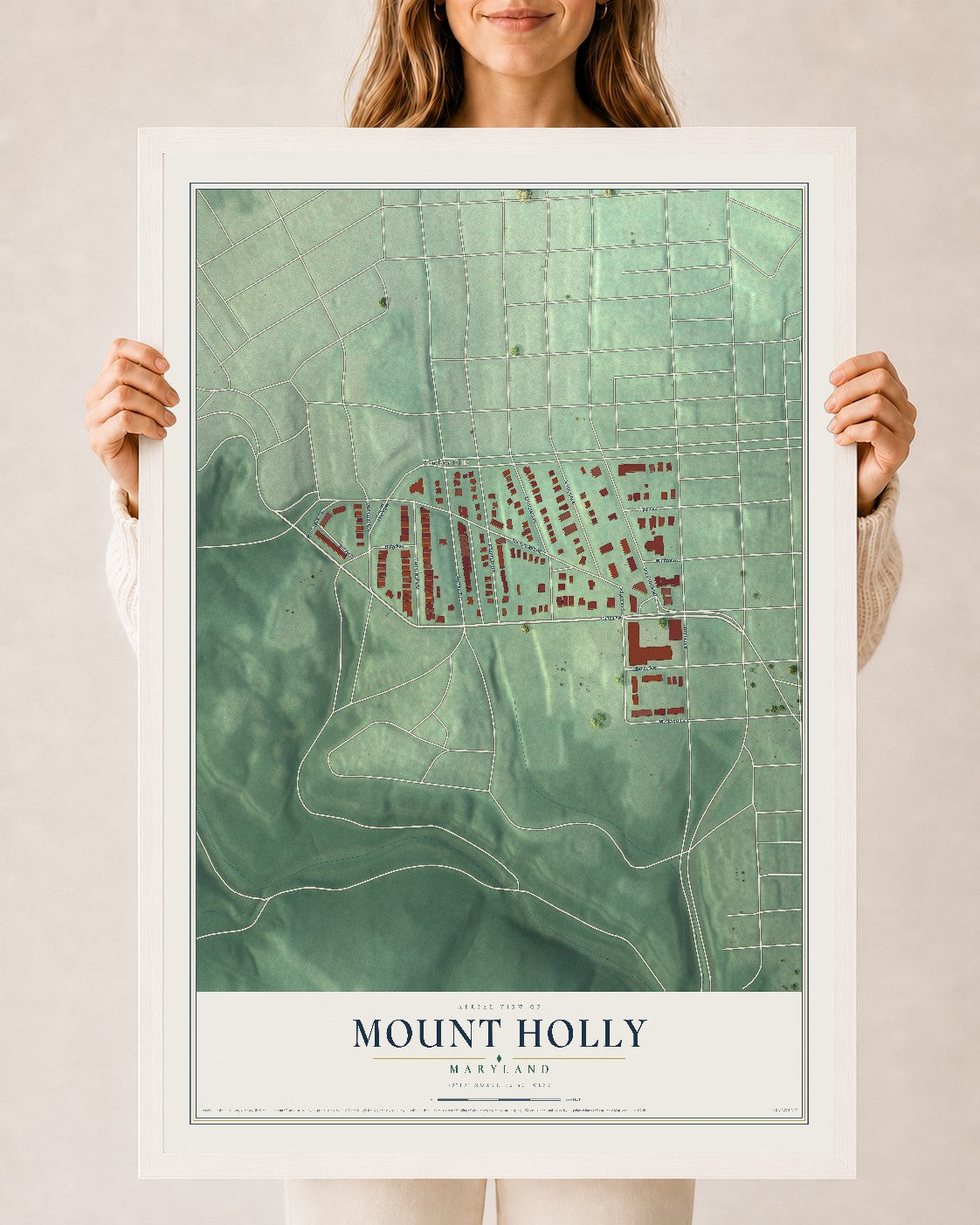 Map of Mount Holly, Maryland, 24 x 36 inch print in a white wood frame