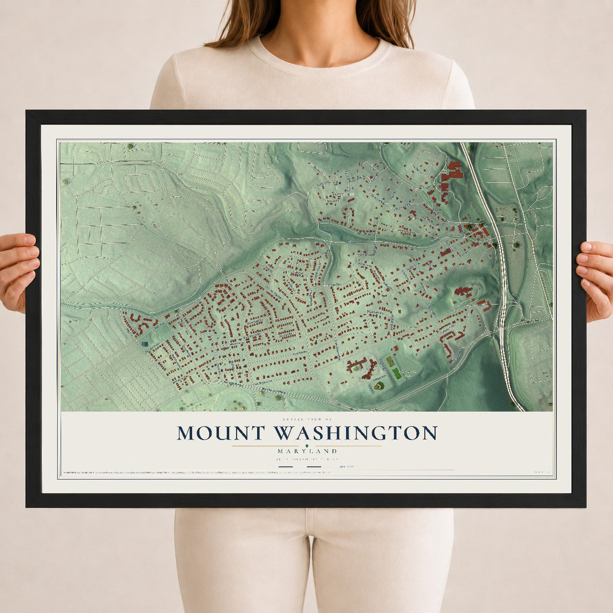 Map of Mount Washington, Maryland, 18 x 24 inch print in a black wood frame