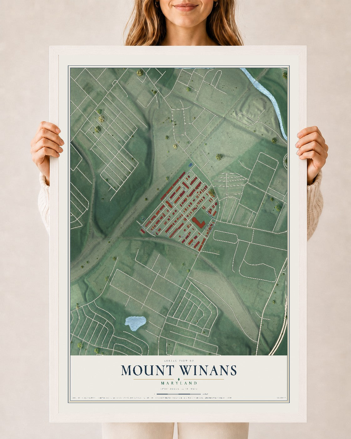 Map of Mount Winans, Maryland, 24 x 36 inch print in a white wood frame
