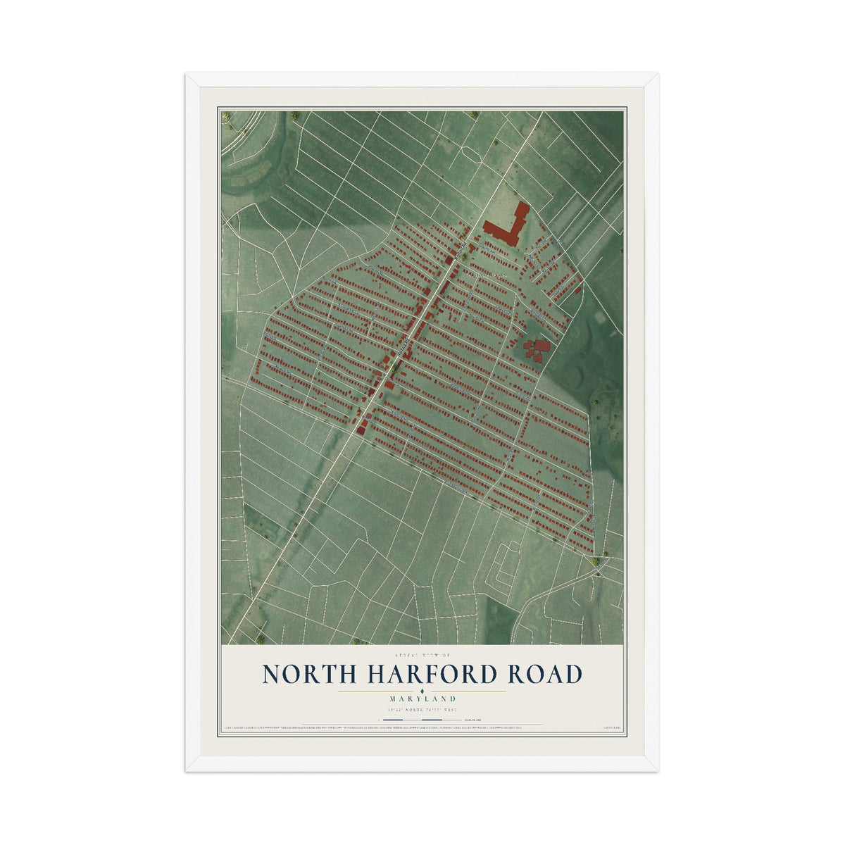 Map of North Harford Road, Maryland, 12 x 18 inch print in a white wood frame