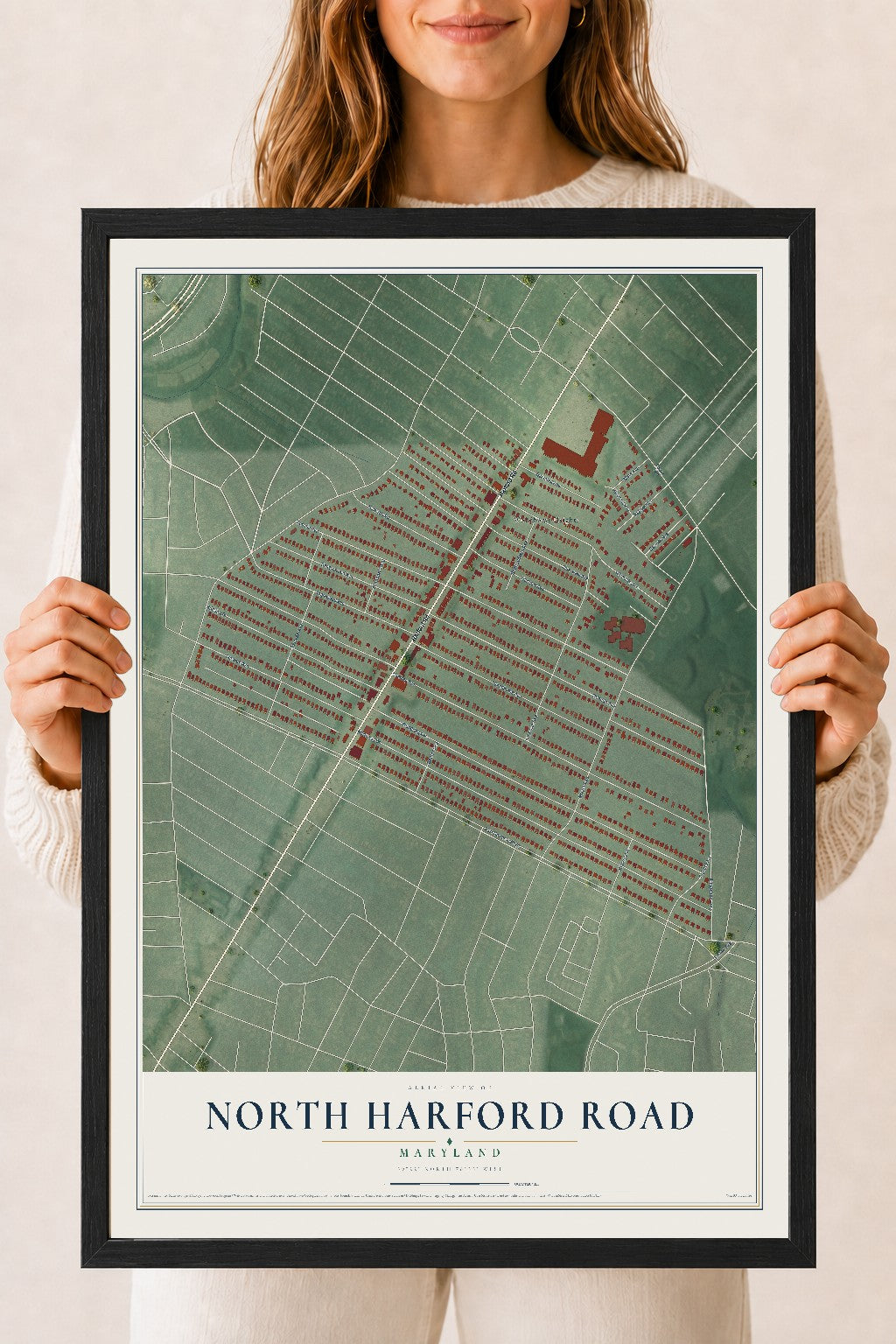Map of North Harford Road, Maryland, 18 x 24 inch print in a black wood frame