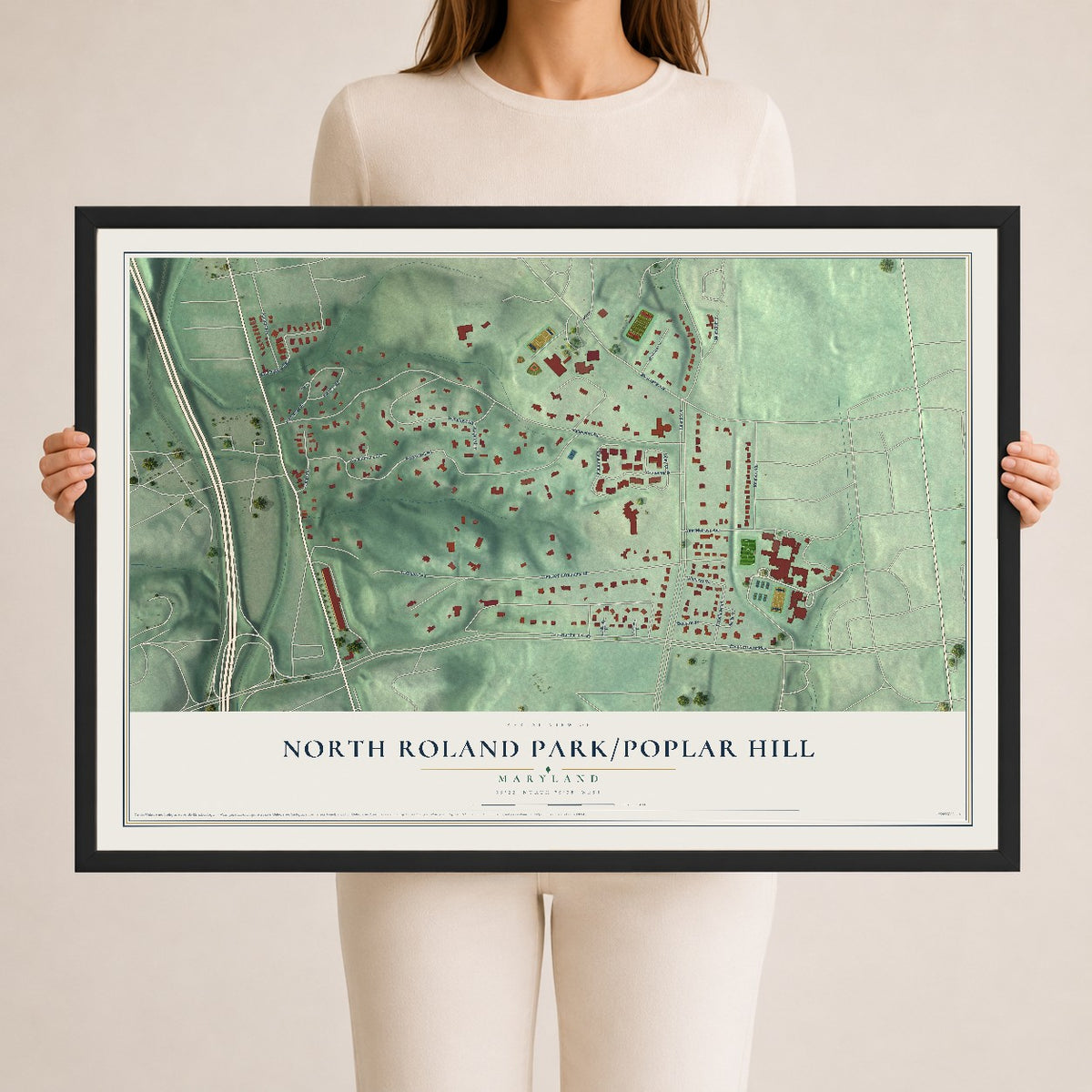 Map of North Roland Park-Poplar Hill, Maryland, 24 x 36 inch print in a black wood frame